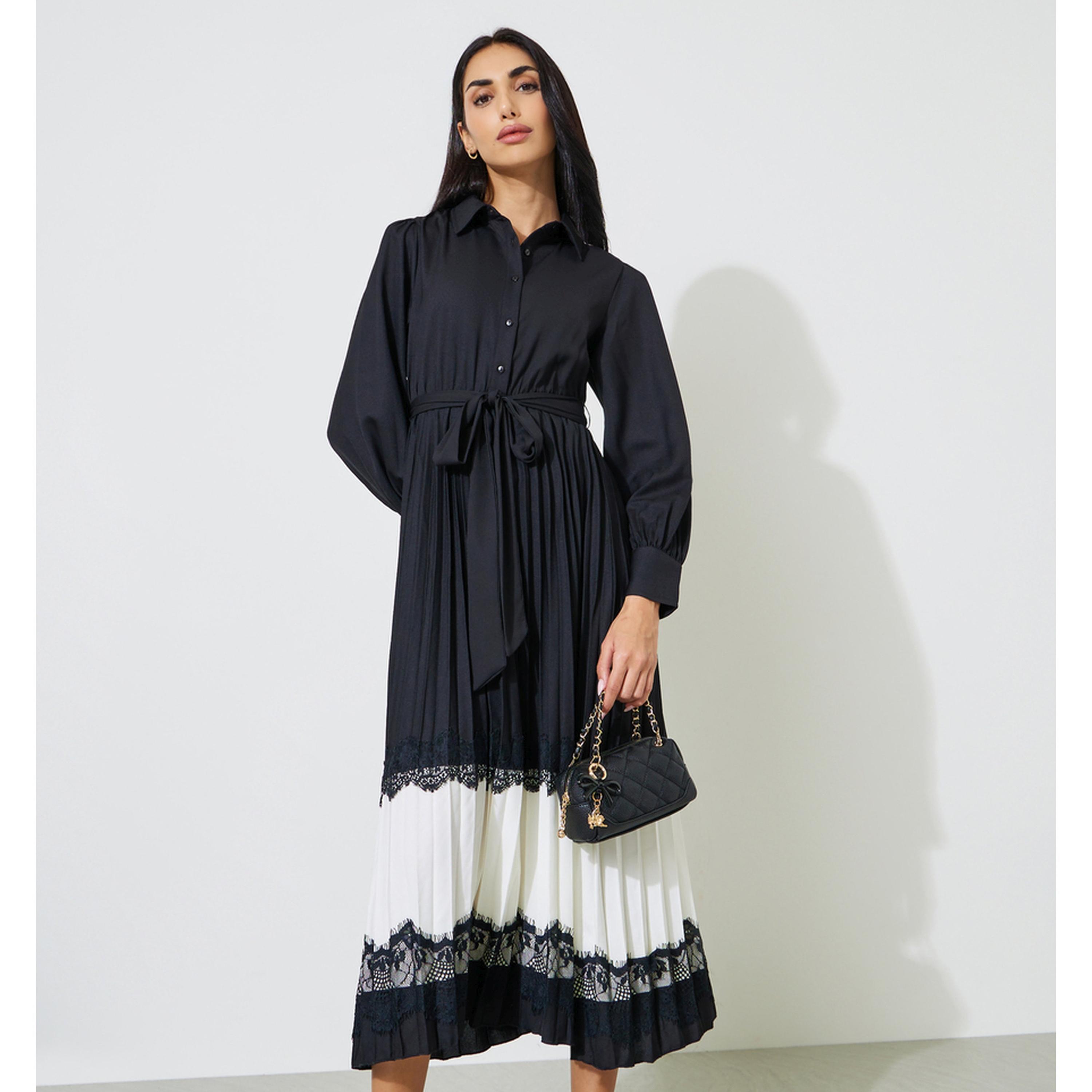Styli Black Pleated Lace Details Fit and Flare Shirt Midi Dress-women-clothing-dresses-image-1