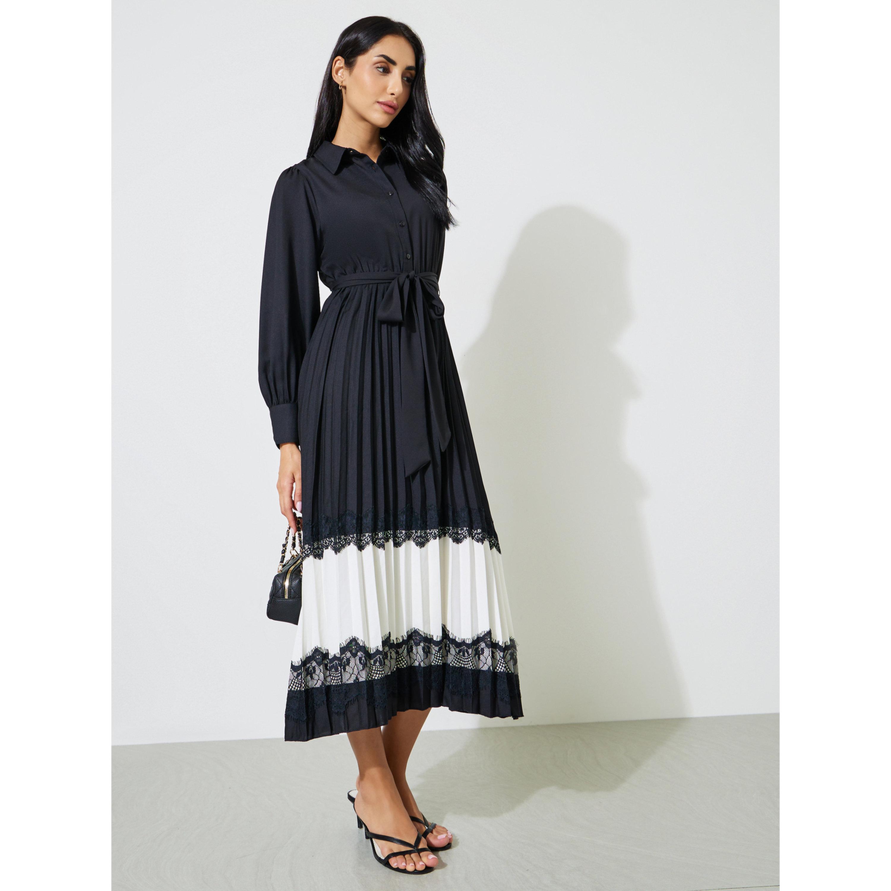 Styli Black Pleated Lace Details Fit and Flare Shirt Midi Dress-women-clothing-dresses-image-2
