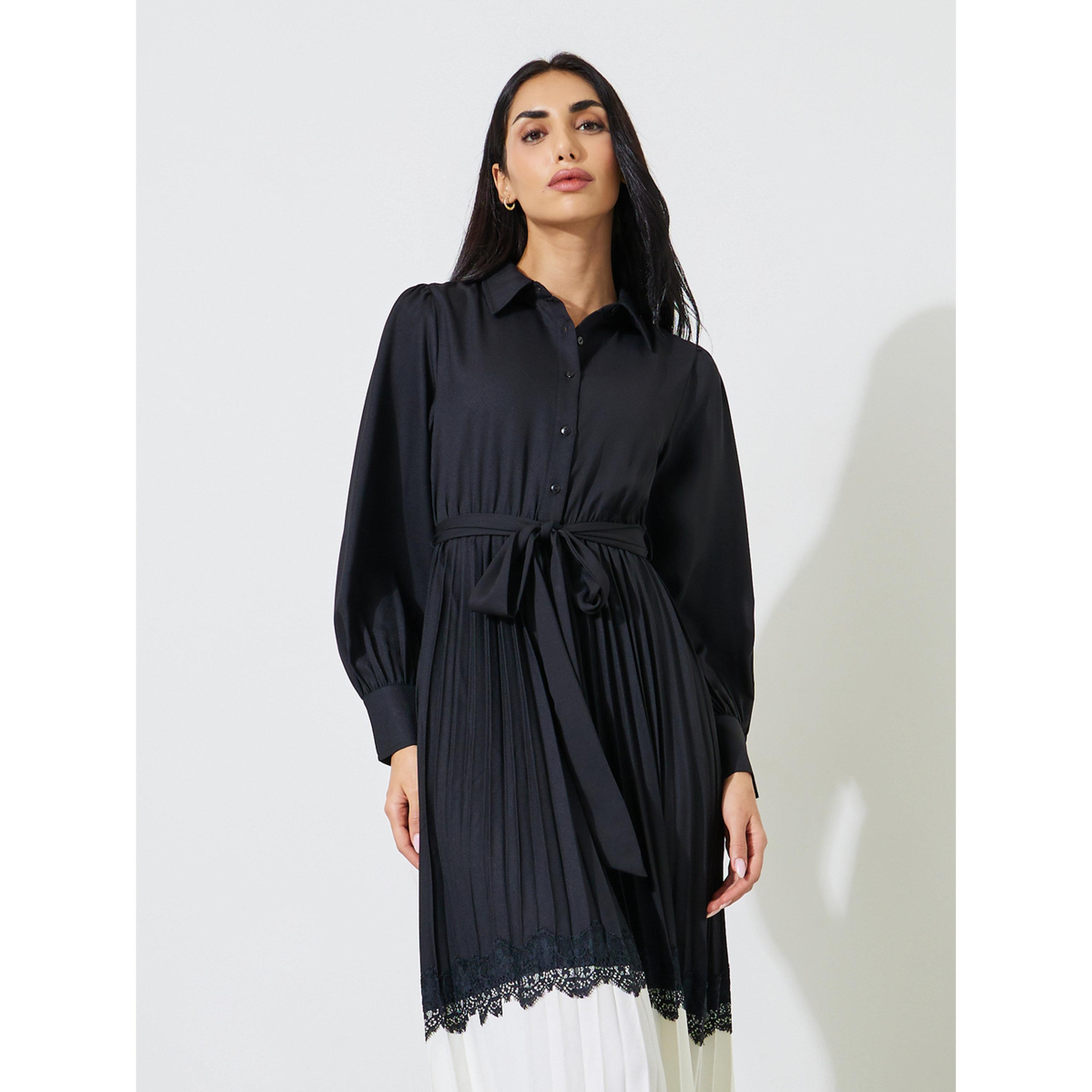 Styli Black Pleated Lace Details Fit and Flare Shirt Midi Dress-women-clothing-dresses-image-3
