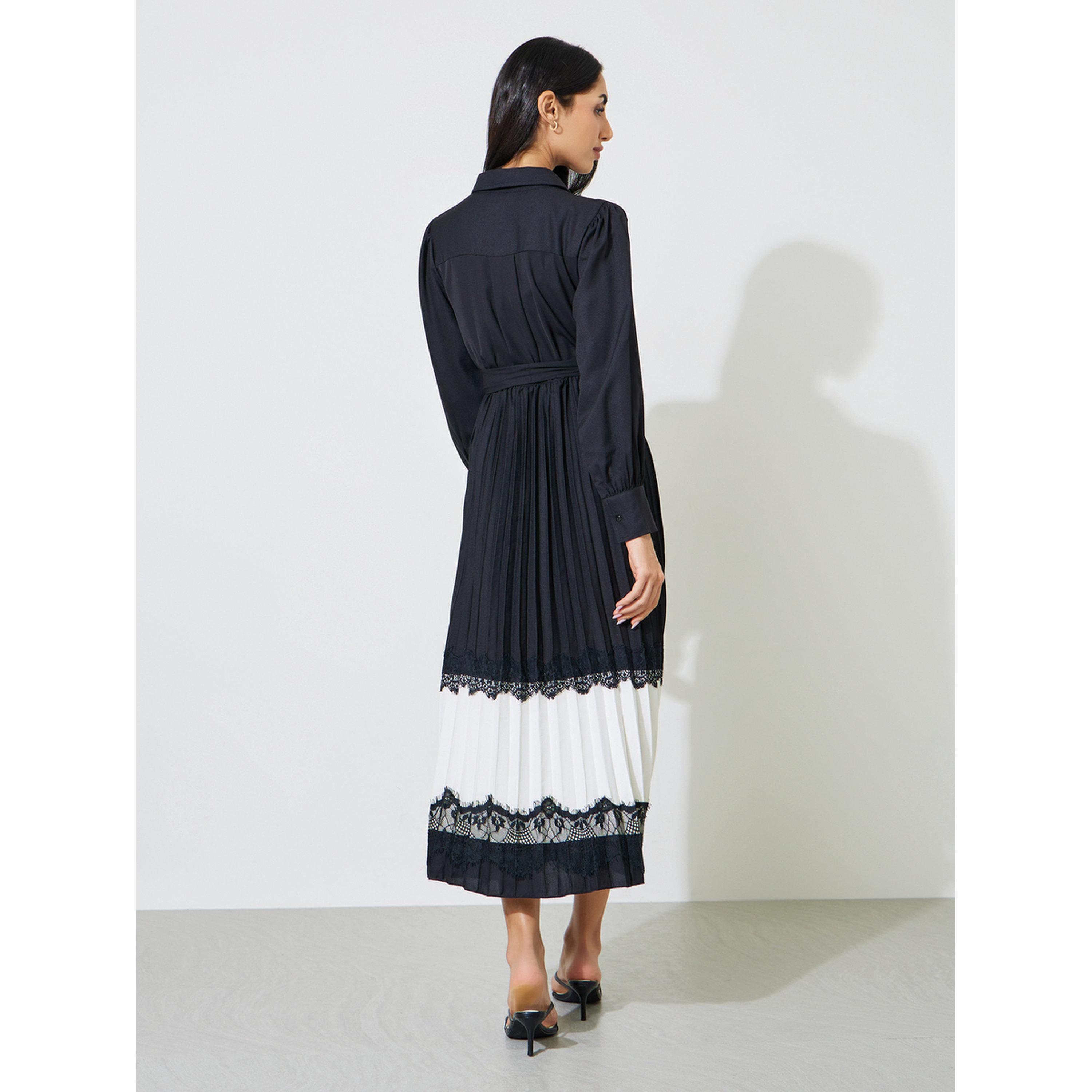 Styli Black Pleated Lace Details Fit and Flare Shirt Midi Dress-women-clothing-dresses-image-4