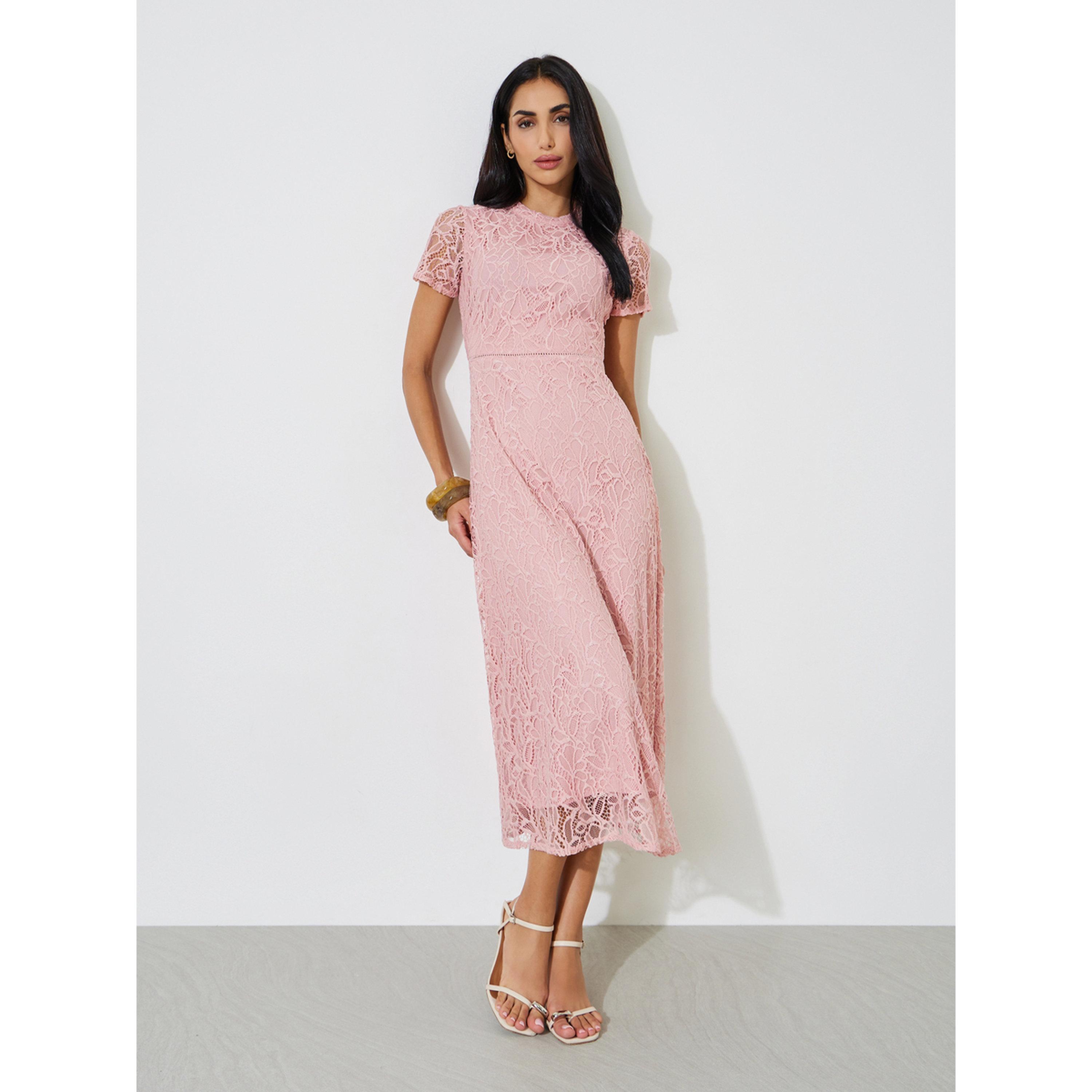 Styli Pink Solid Short Sleeves Lace A-Line Midi Dress-women-clothing-dresses-image-1