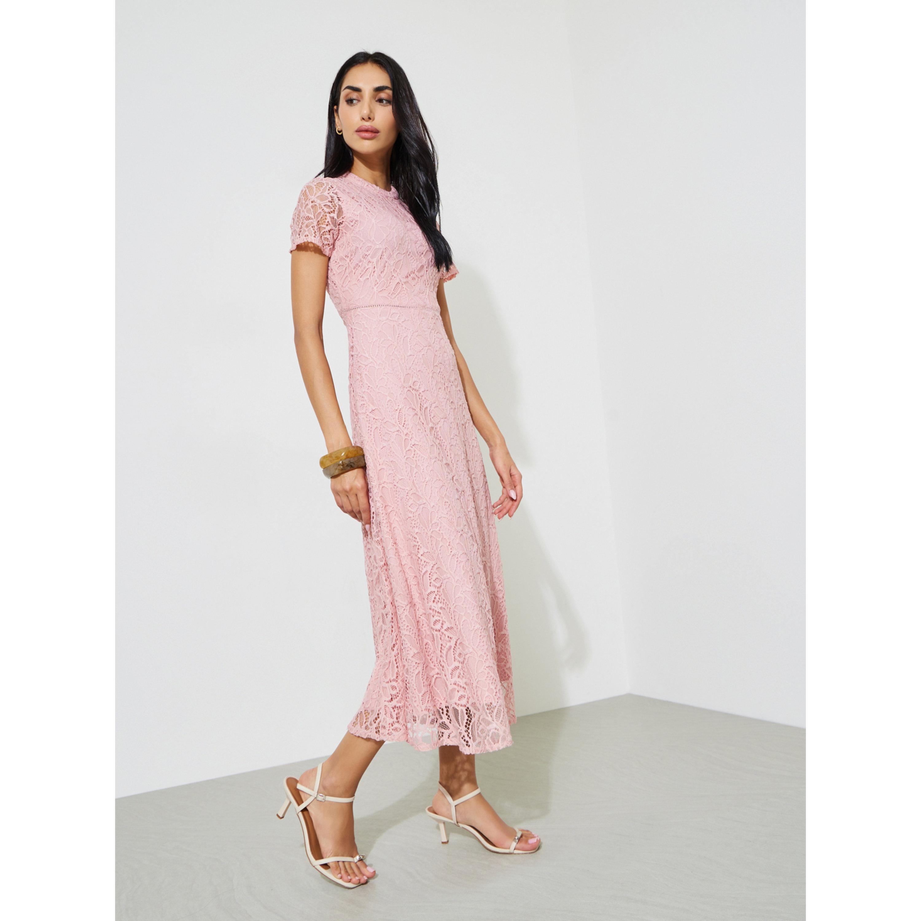 Styli Pink Solid Short Sleeves Lace A-Line Midi Dress-women-clothing-dresses-image-2