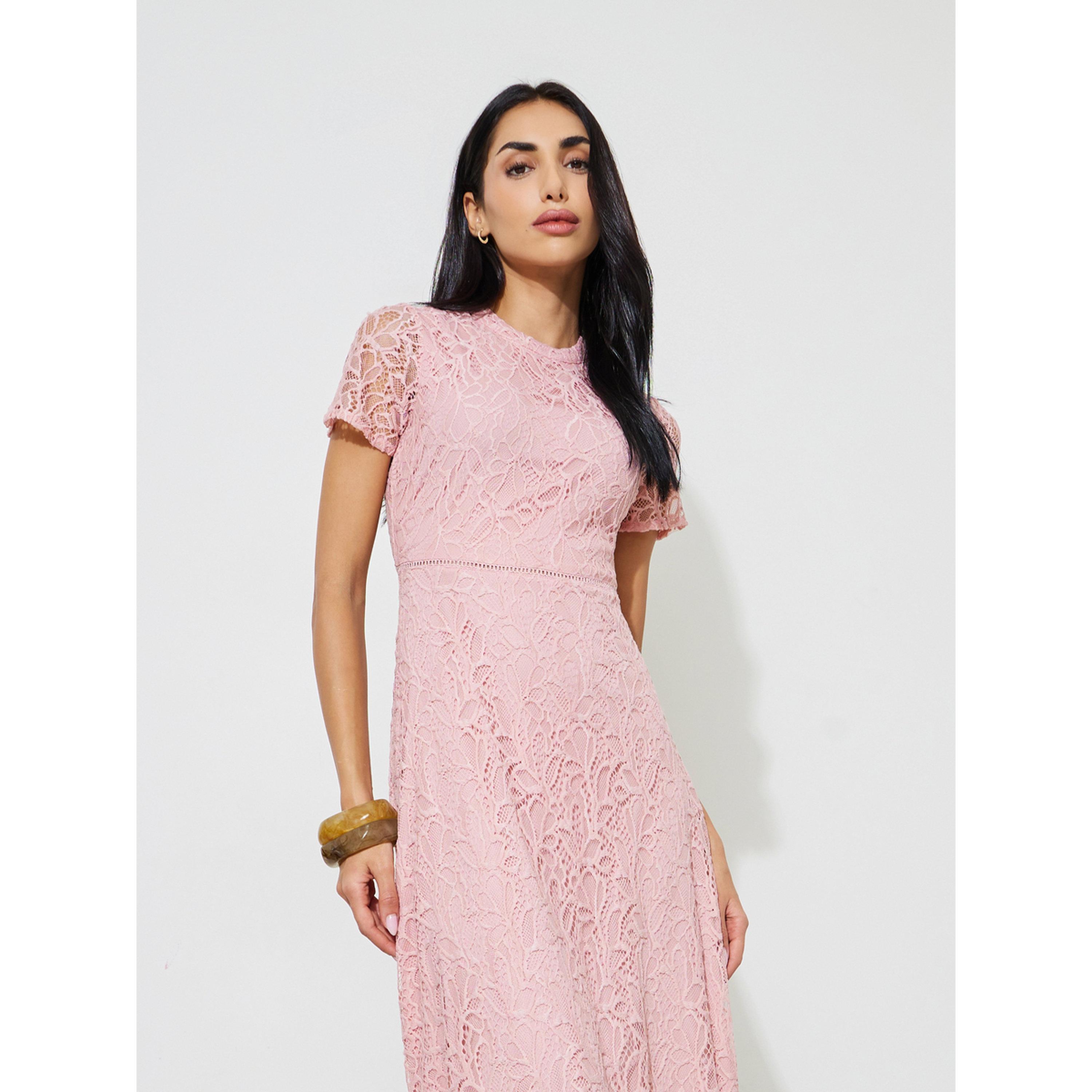 Styli Pink Solid Short Sleeves Lace A-Line Midi Dress-women-clothing-dresses-image-3