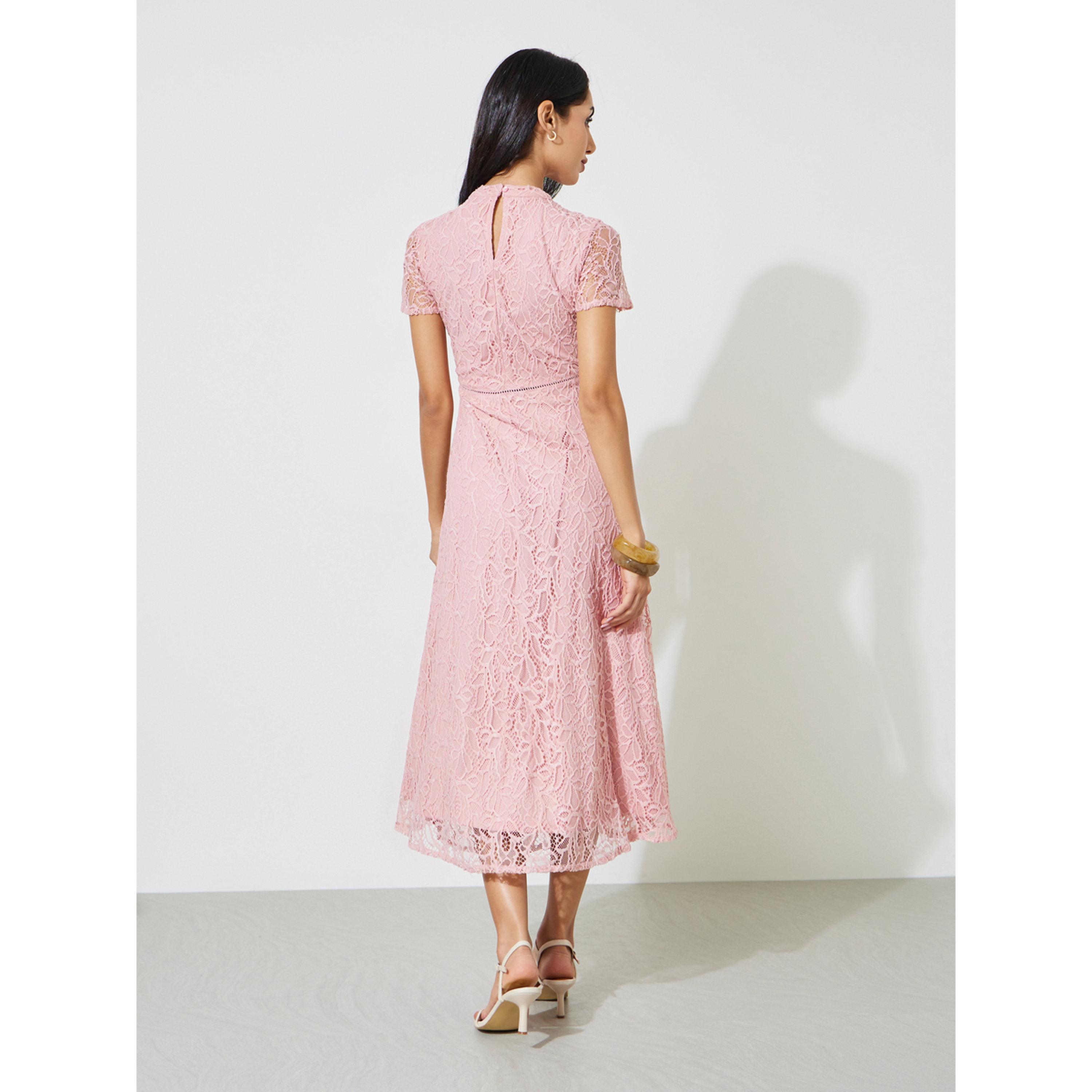 Styli Pink Solid Short Sleeves Lace A-Line Midi Dress-women-clothing-dresses-image-4