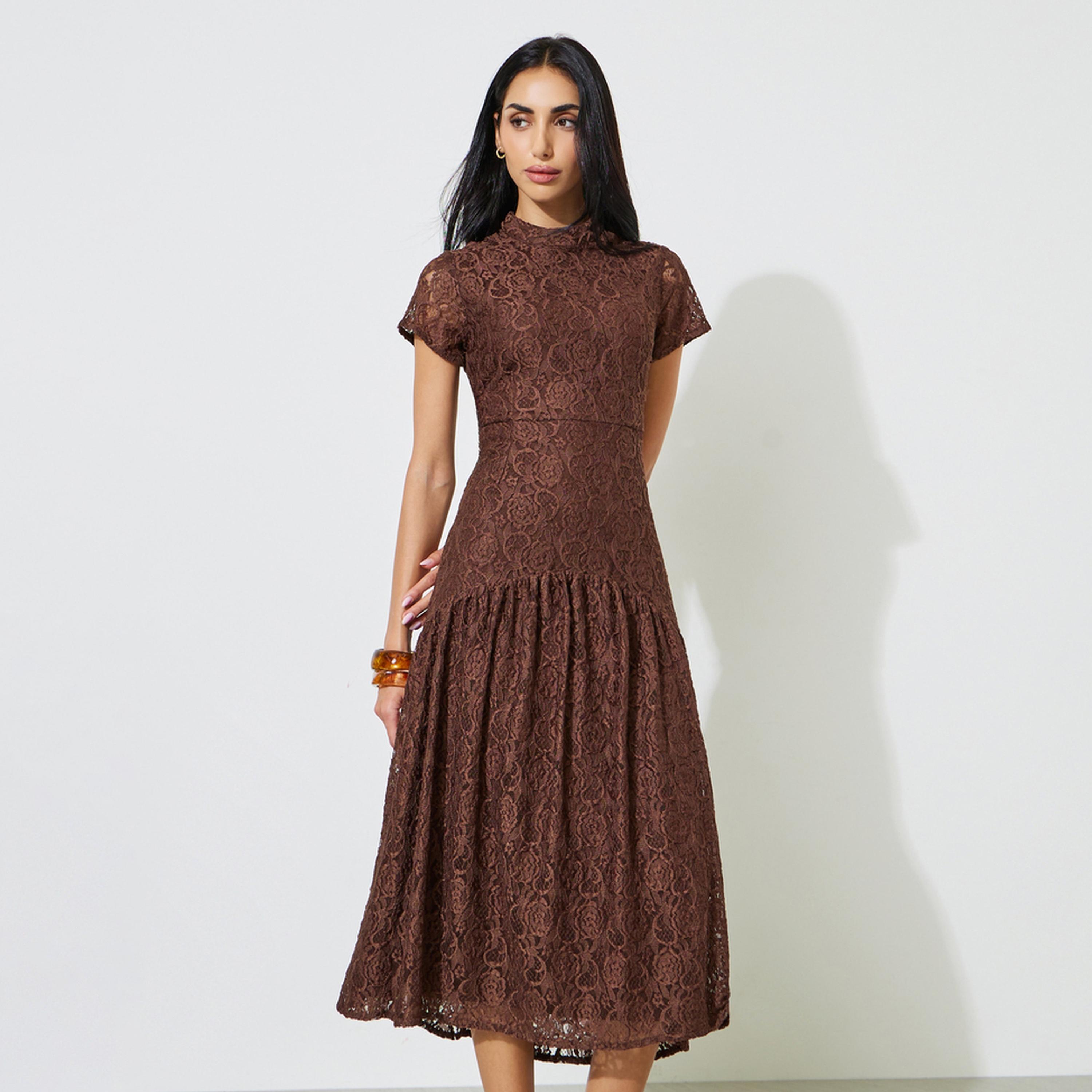 Styli Brown Short Sleeves Lace A-Line Midi Dress-women-clothing-dresses-image-1