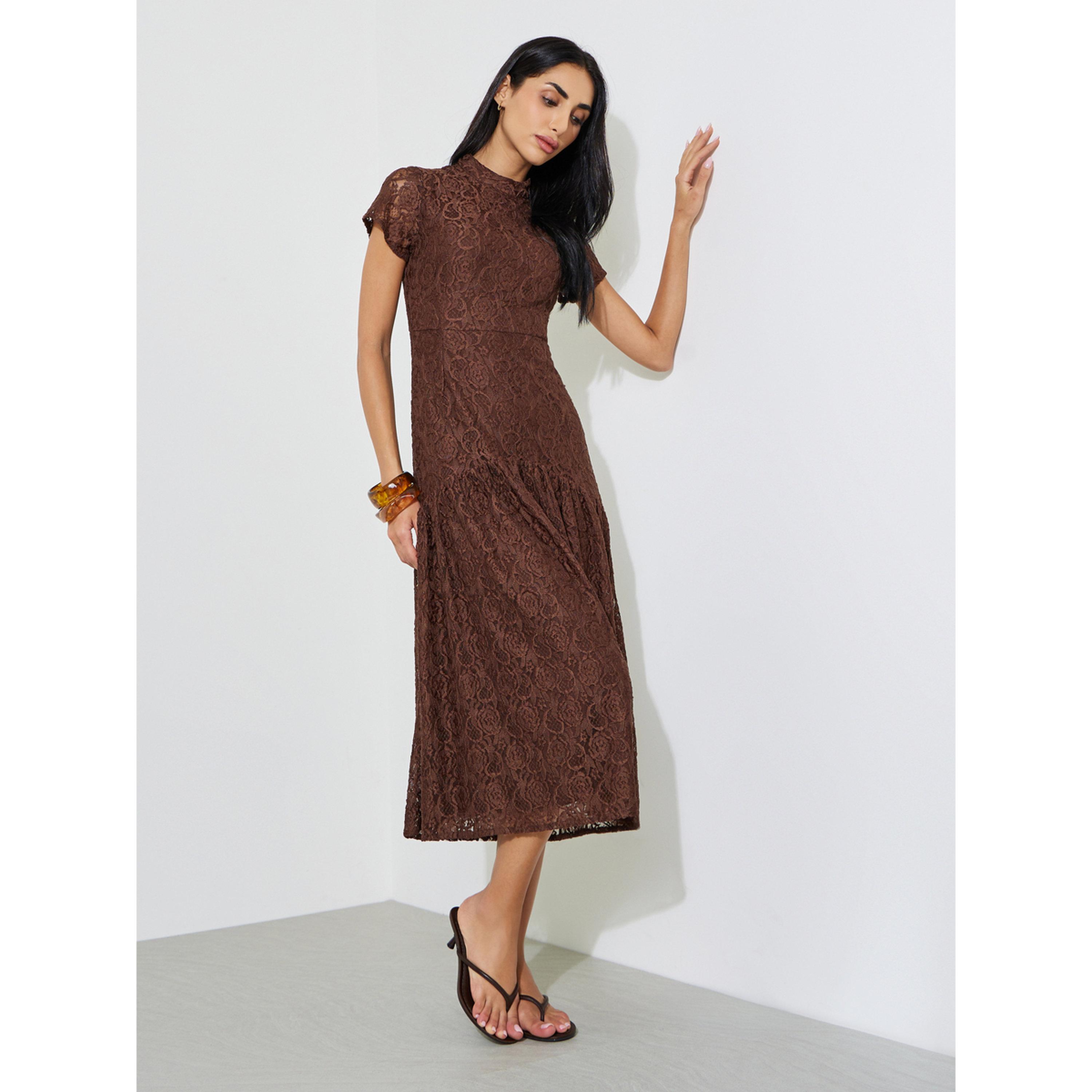 Styli Brown Short Sleeves Lace A-Line Midi Dress-women-clothing-dresses-image-2