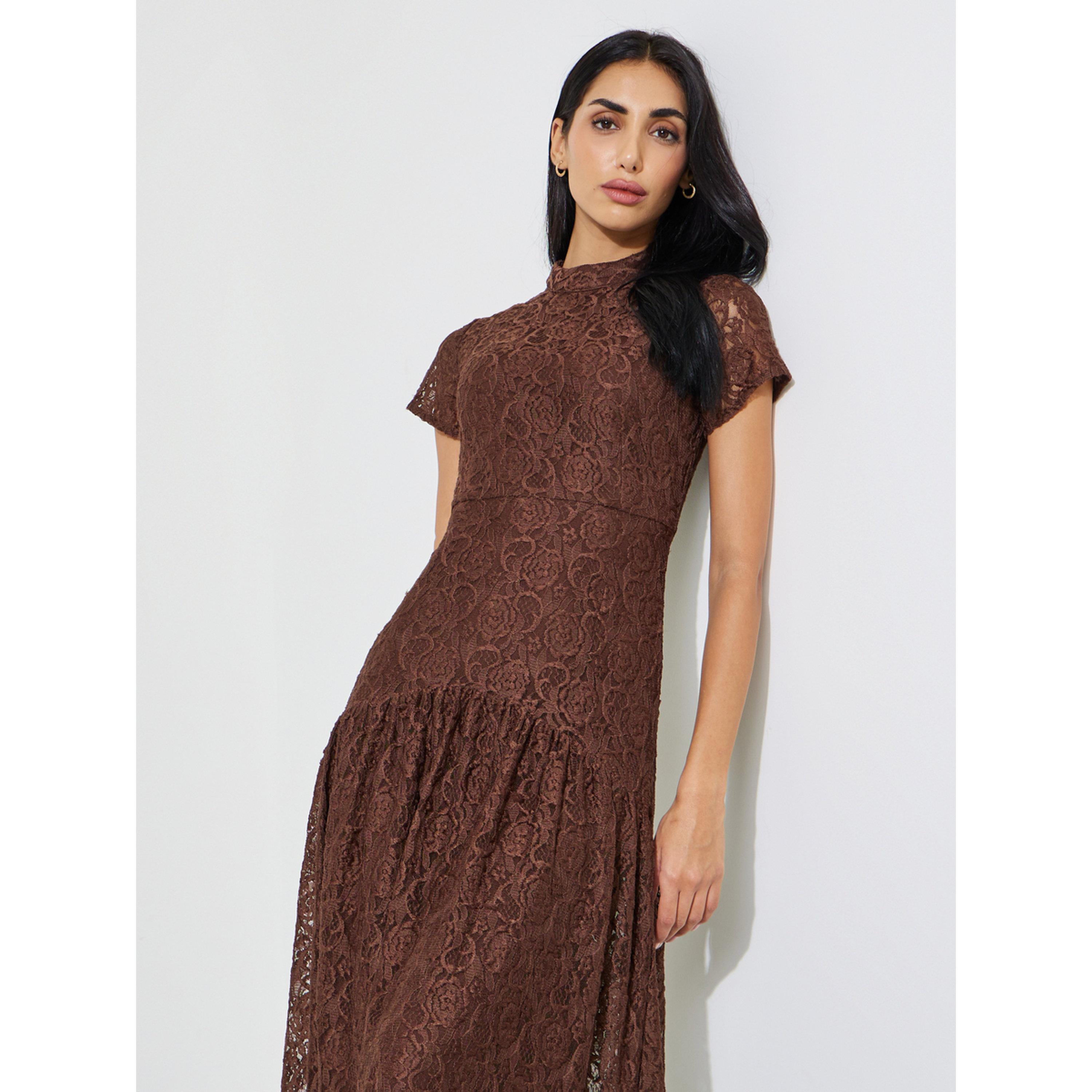 Styli Brown Short Sleeves Lace A-Line Midi Dress-women-clothing-dresses-image-3