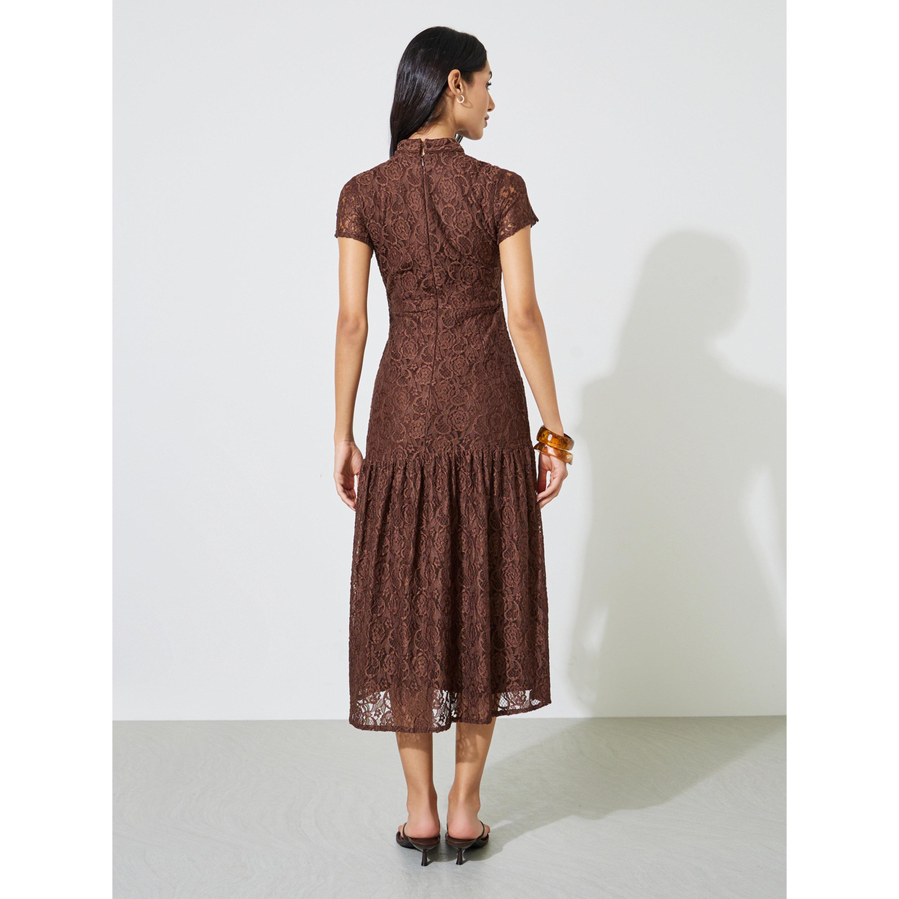 Styli Brown Short Sleeves Lace A-Line Midi Dress-women-clothing-dresses-image-4