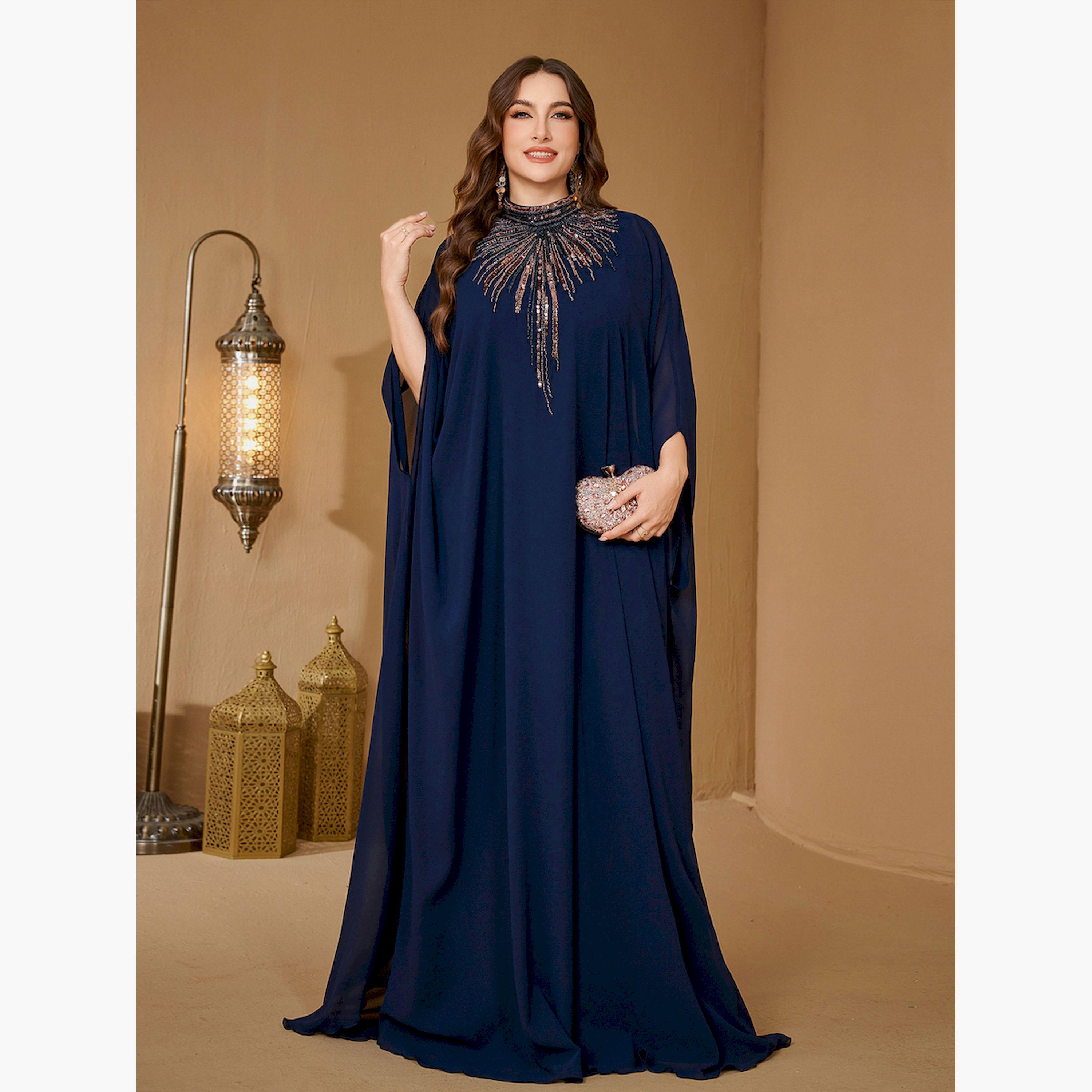 UNITHORSE X Styli Plus Size Navy Blue Embellished High Neck Kaftan-women-arabicclothing-kaftan-image-1