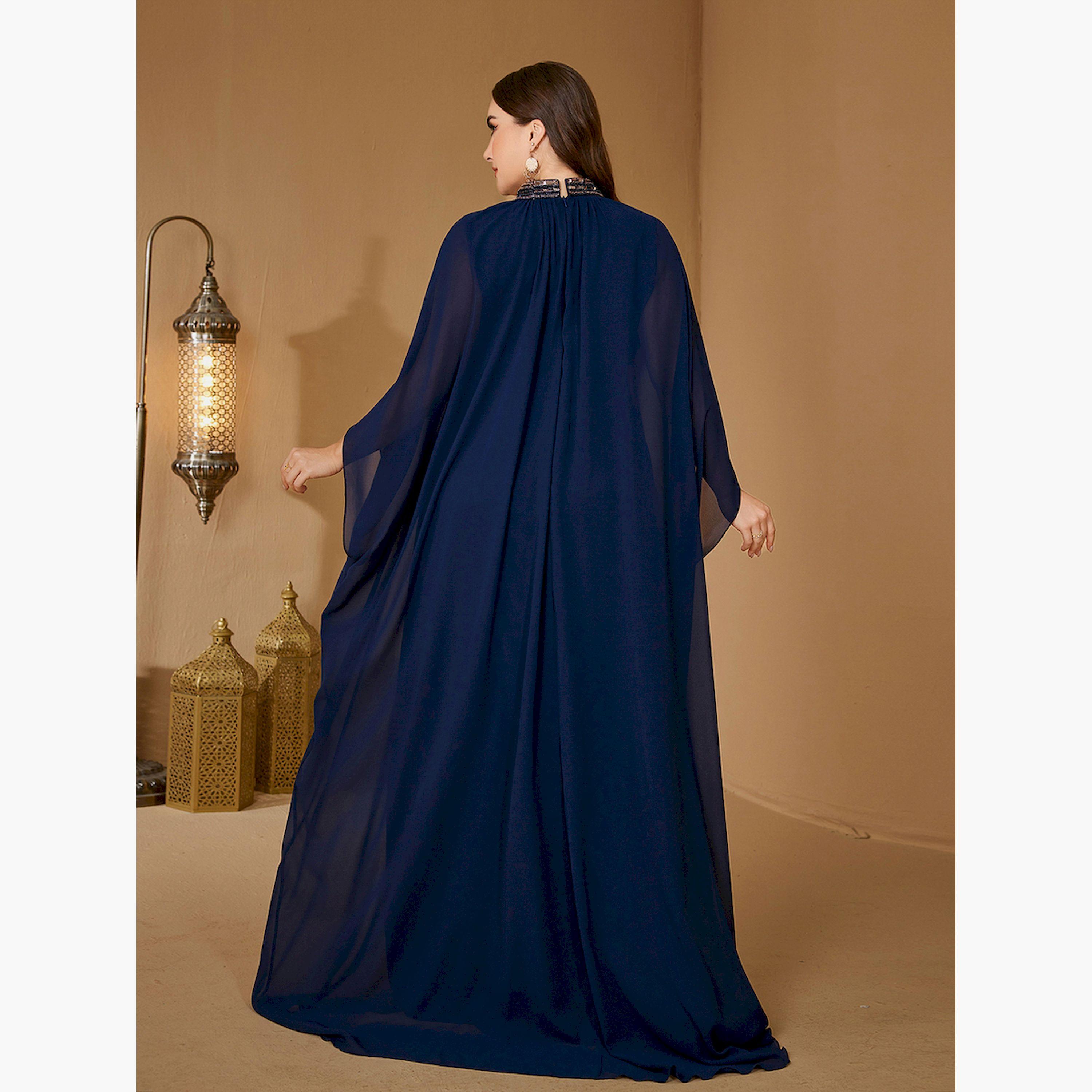 UNITHORSE X Styli Plus Size Navy Blue Embellished High Neck Kaftan-women-arabicclothing-kaftan-image-2