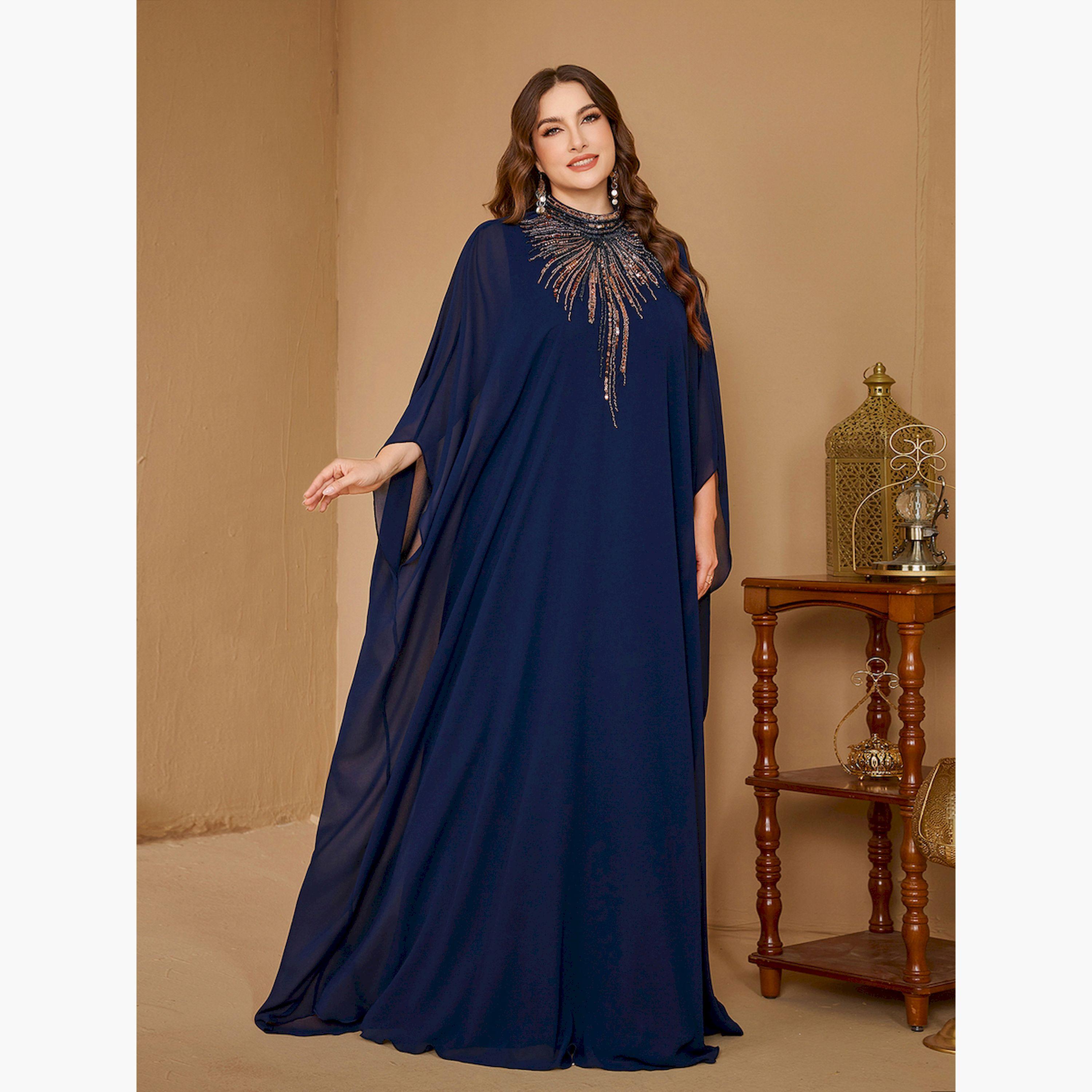 UNITHORSE X Styli Plus Size Navy Blue Embellished High Neck Kaftan-women-arabicclothing-kaftan-image-3