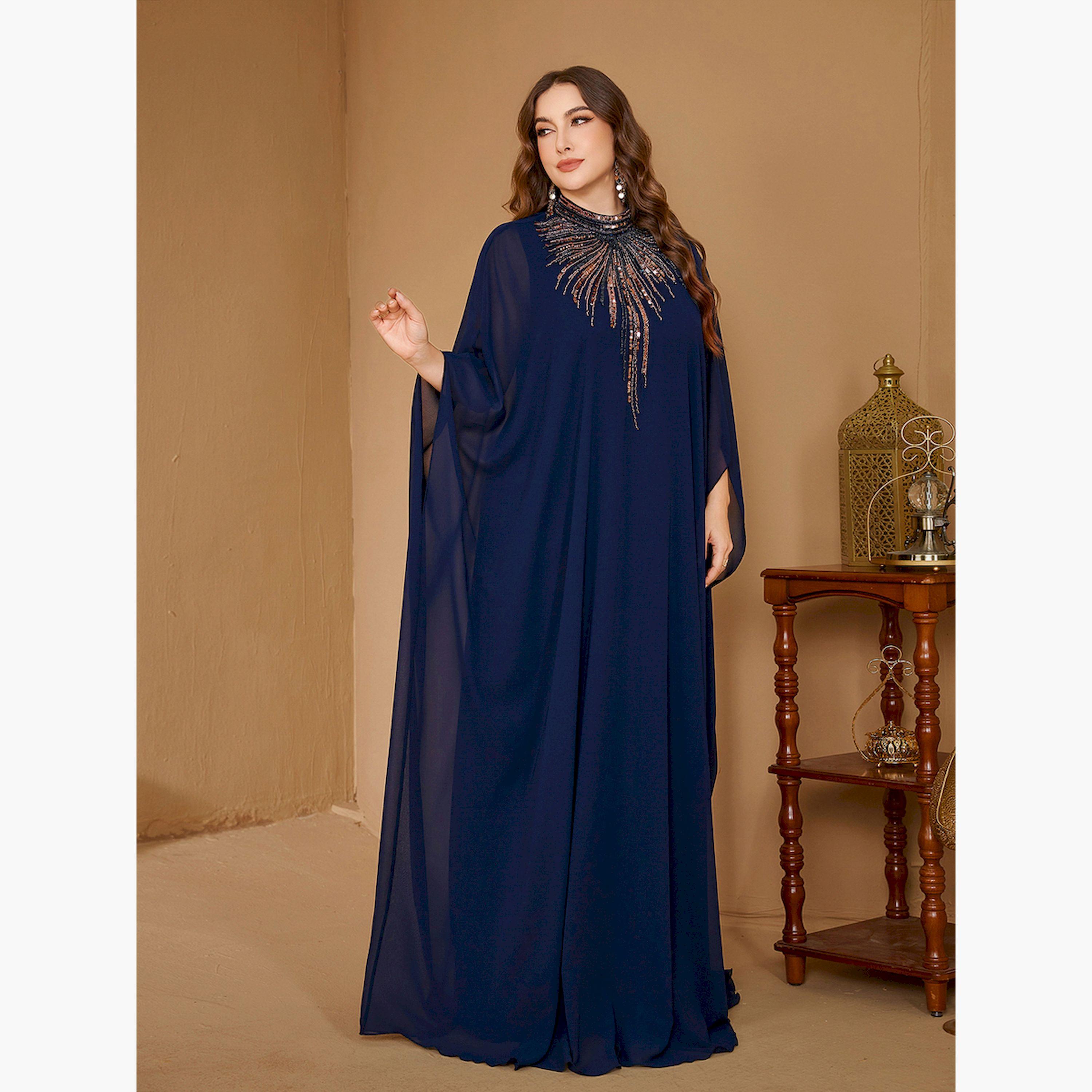 UNITHORSE X Styli Plus Size Navy Blue Embellished High Neck Kaftan-women-arabicclothing-kaftan-image-4