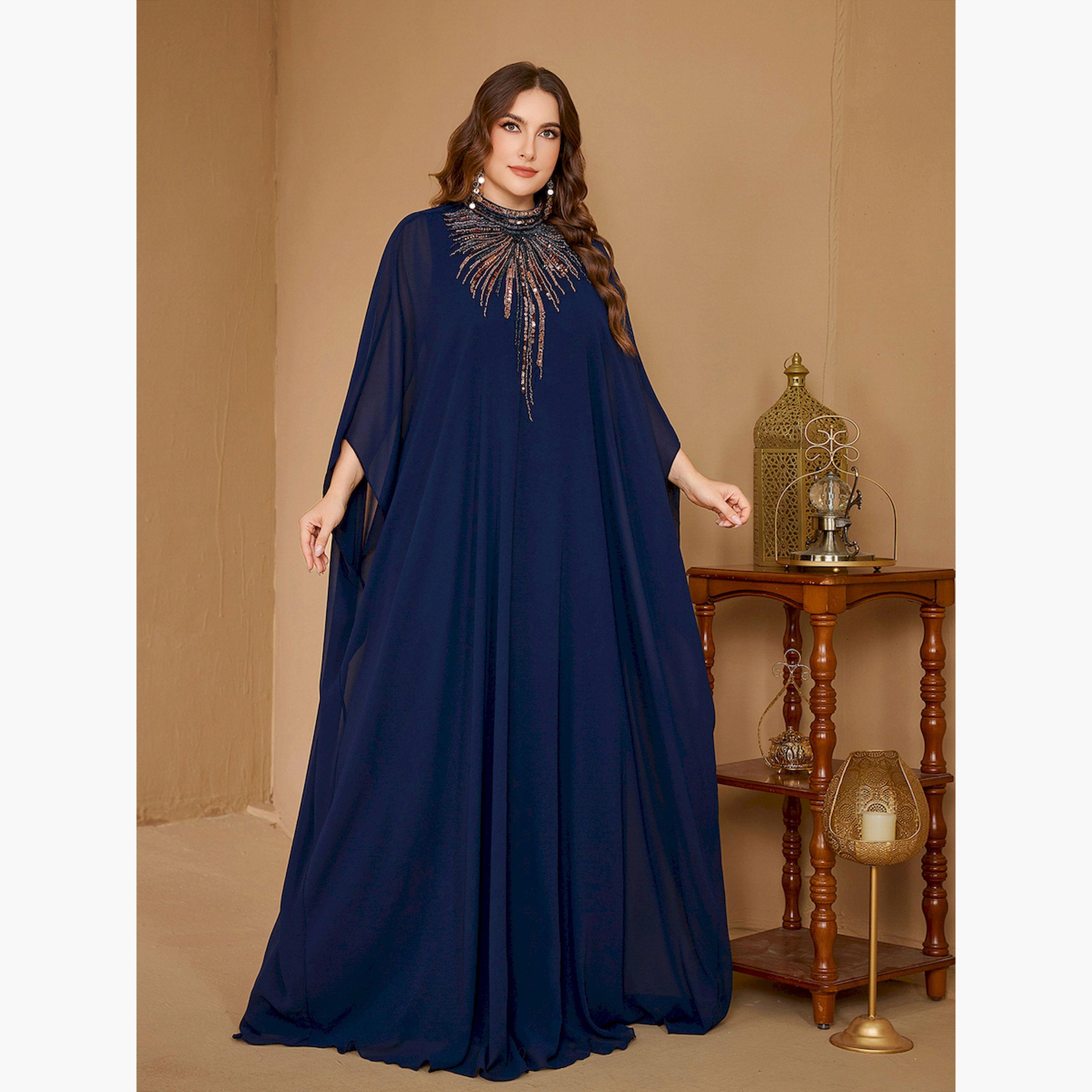 UNITHORSE X Styli Plus Size Navy Blue Embellished High Neck Kaftan-women-arabicclothing-kaftan-image-5