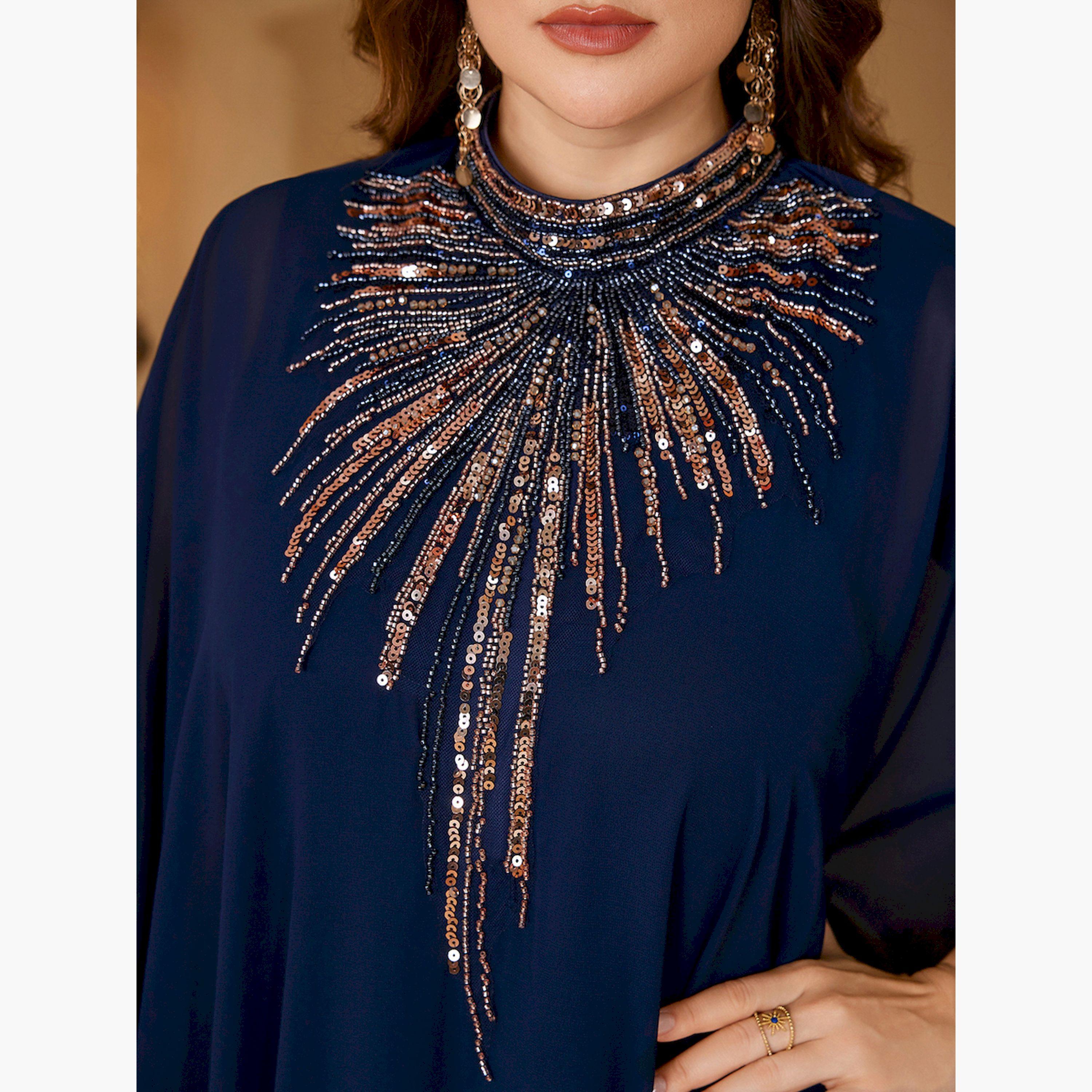 UNITHORSE X Styli Plus Size Navy Blue Embellished High Neck Kaftan-women-arabicclothing-kaftan-image-6
