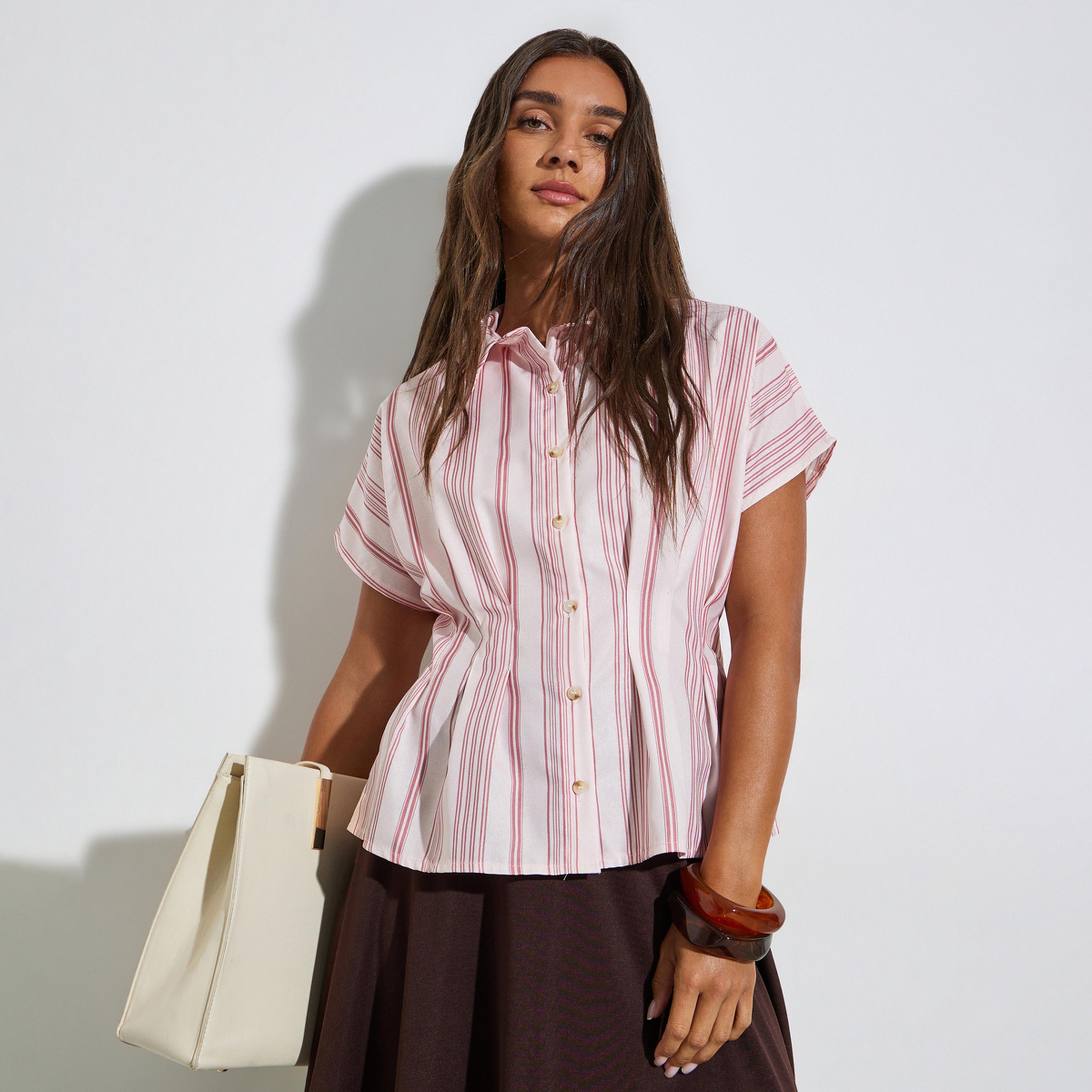 Styli Striped Short Sleeve Shirt-women-clothing-shirtsandblouses-shirts-image-1