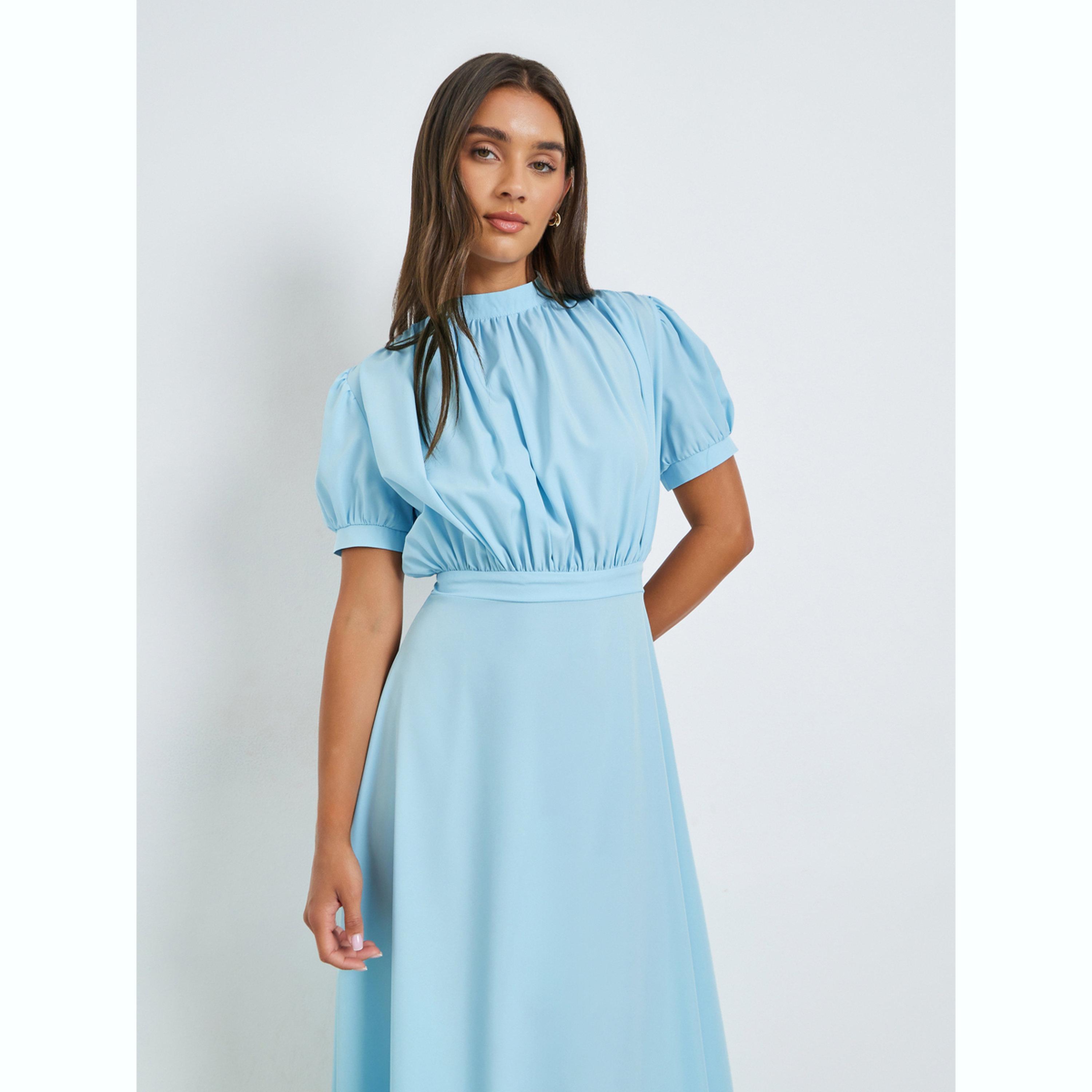 Styli Blue Solid Blouson A-Line Midi Dress-women-clothing-dresses-image-2