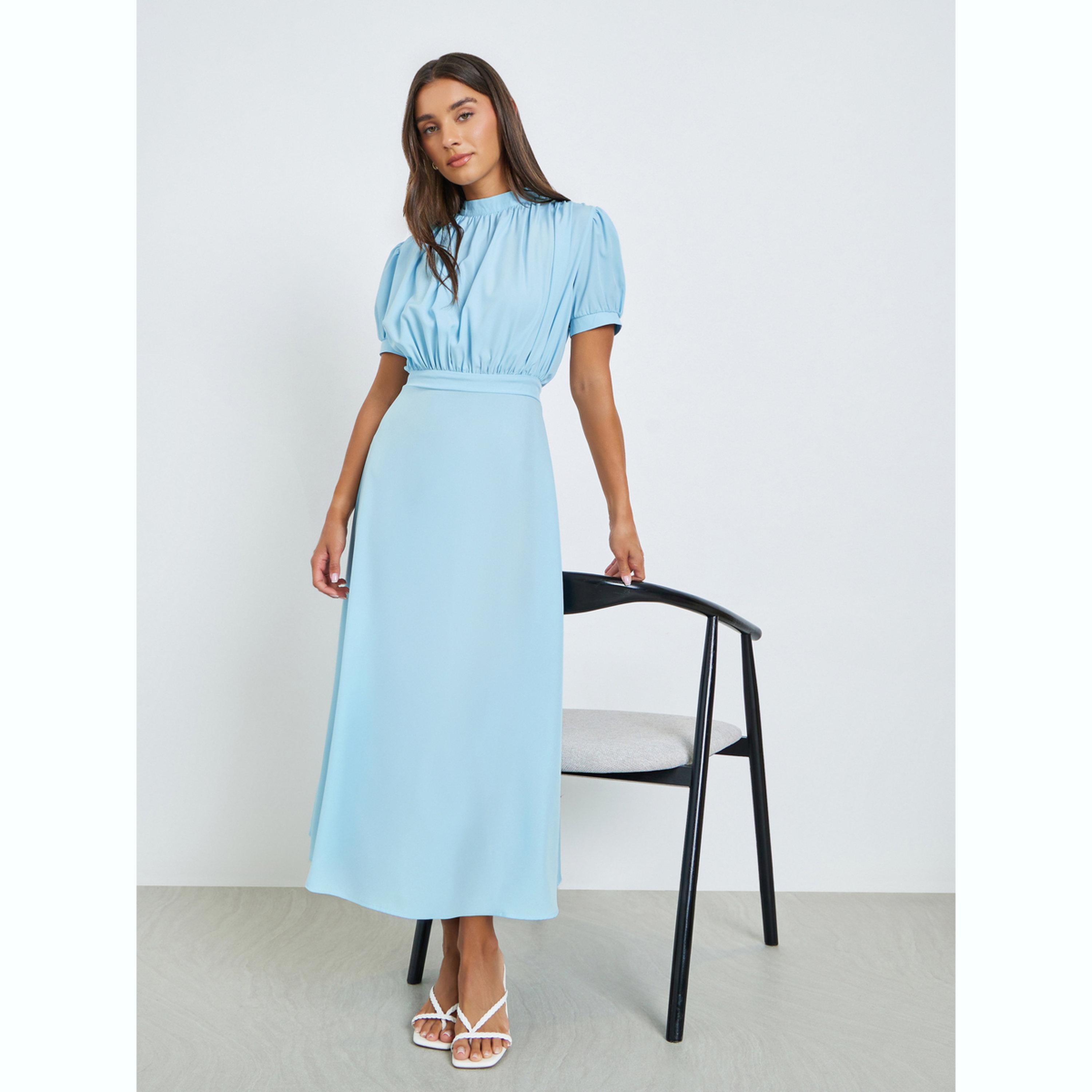 فستان ميدي بحافة واسعة بنمط بلوزون سادة-women-clothing-dresses-image-3