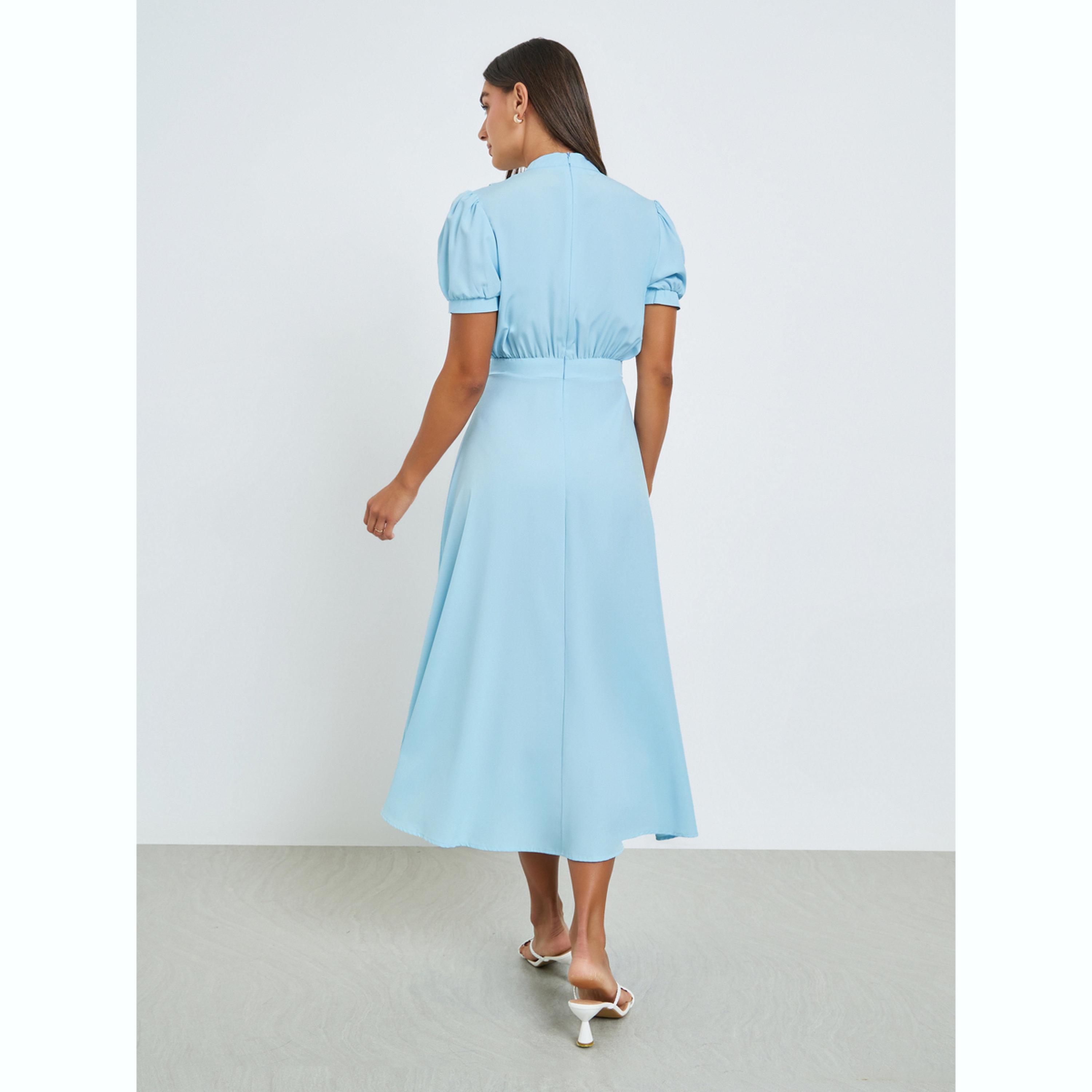 Styli Blue Solid Blouson A-Line Midi Dress-women-clothing-dresses-image-4