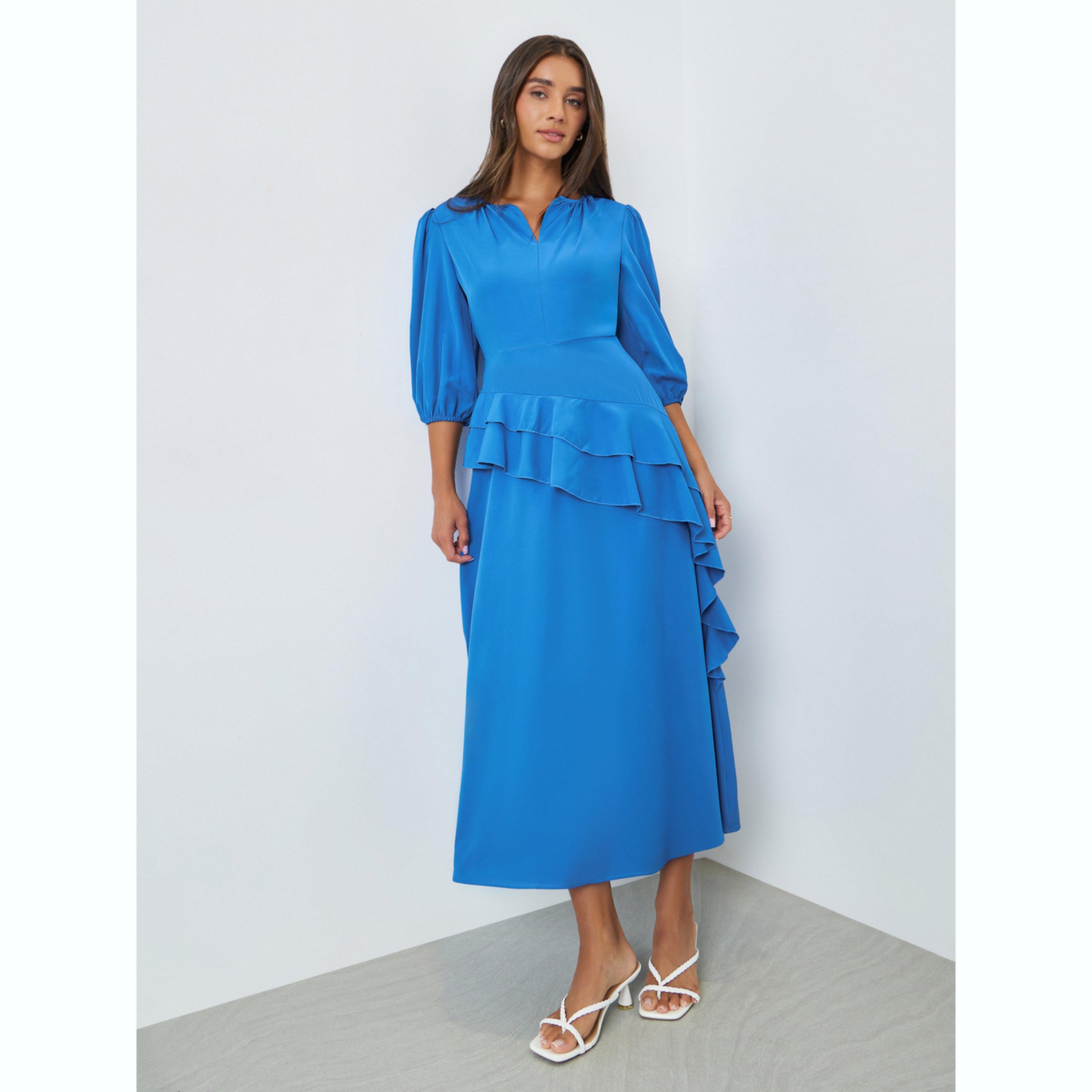 فستان ميدي بفتحة رقبة صغيرة وتفاصيل كشكش-women-clothing-dresses-image-1