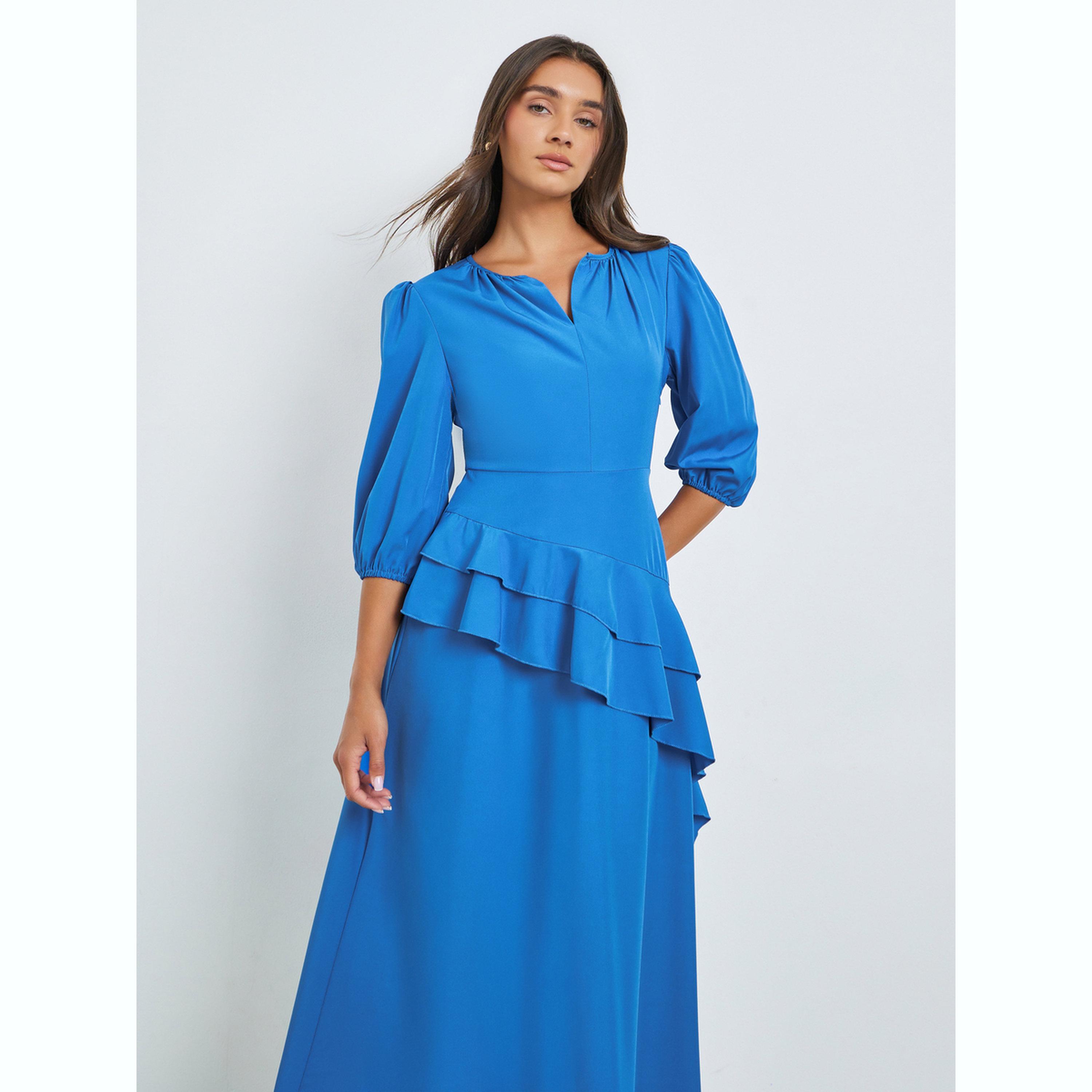 فستان ميدي بفتحة رقبة صغيرة وتفاصيل كشكش-women-clothing-dresses-image-2