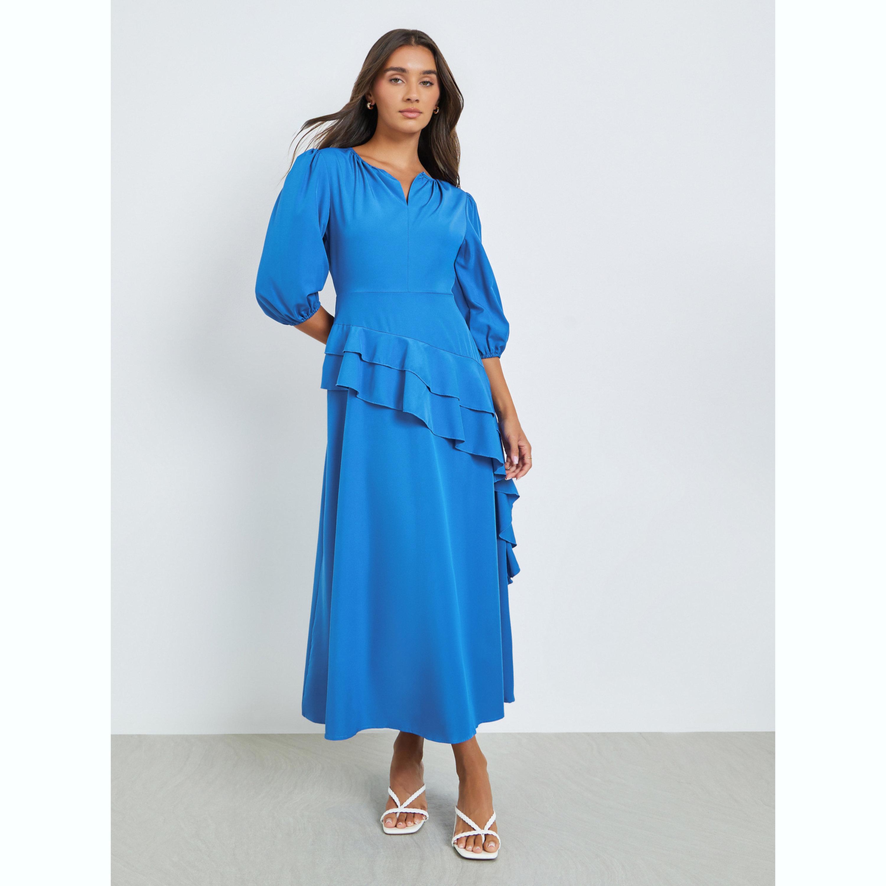 فستان ميدي بفتحة رقبة صغيرة وتفاصيل كشكش-women-clothing-dresses-image-3