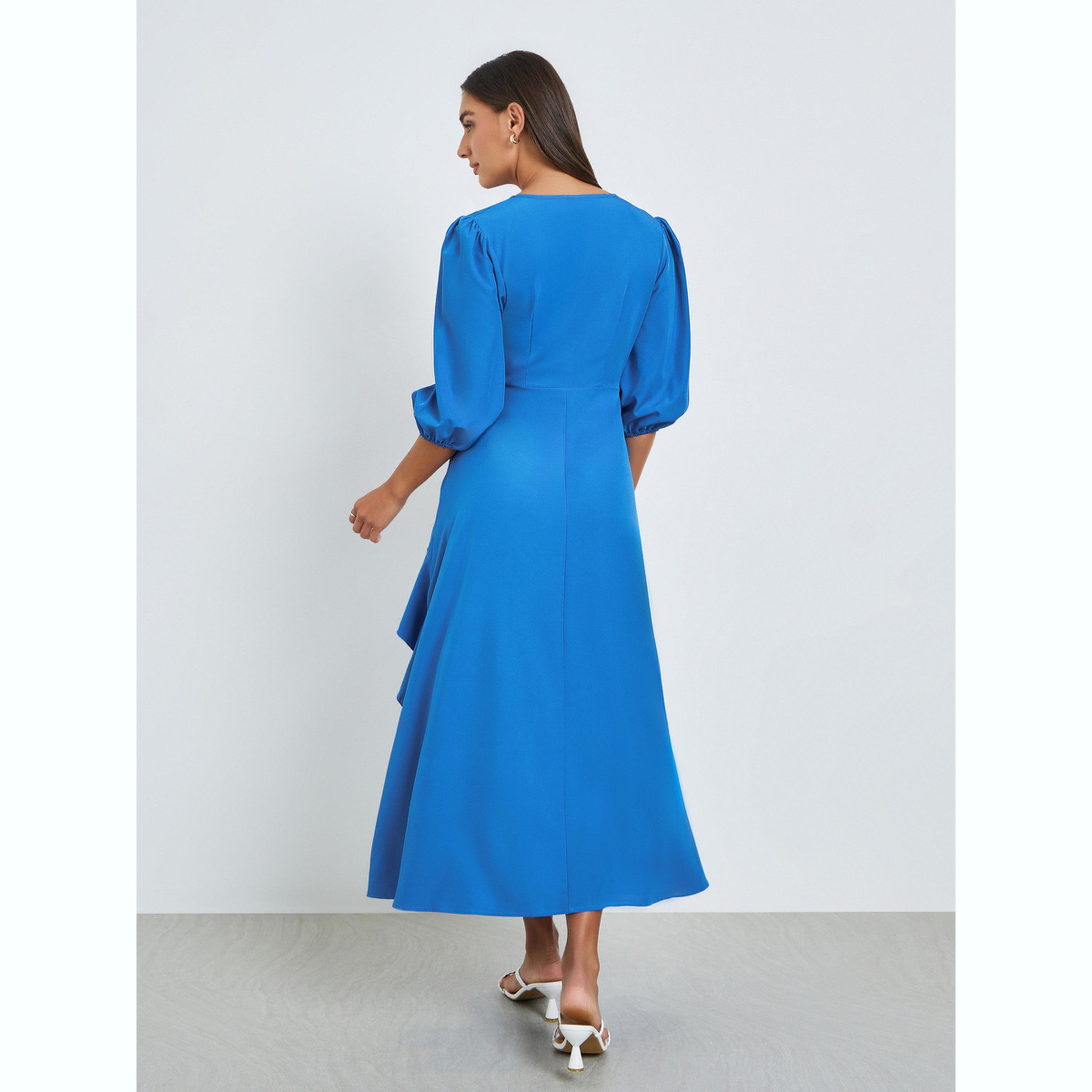 فستان ميدي بفتحة رقبة صغيرة وتفاصيل كشكش-women-clothing-dresses-image-4