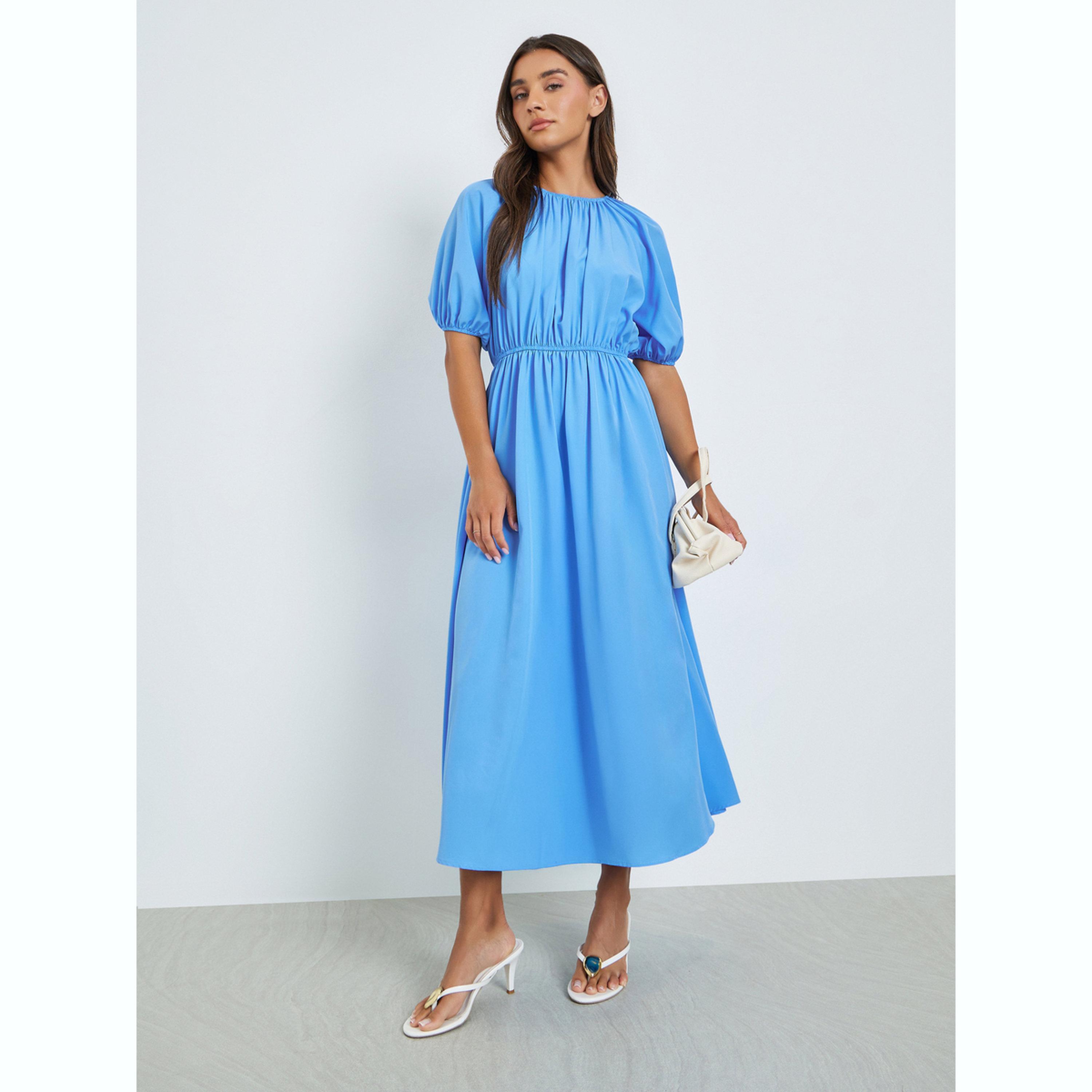 فستان ميدي سادة بأكمام قصيرة-women-clothing-dresses-image-1