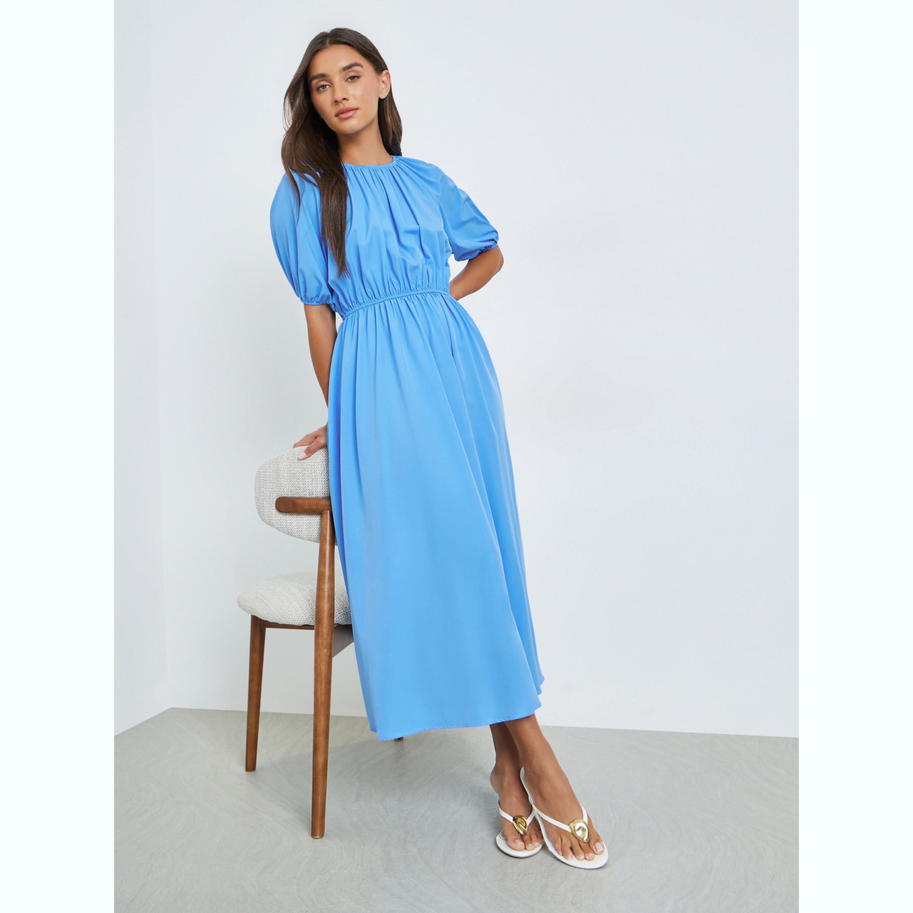 فستان ميدي سادة بأكمام قصيرة-women-clothing-dresses-image-2