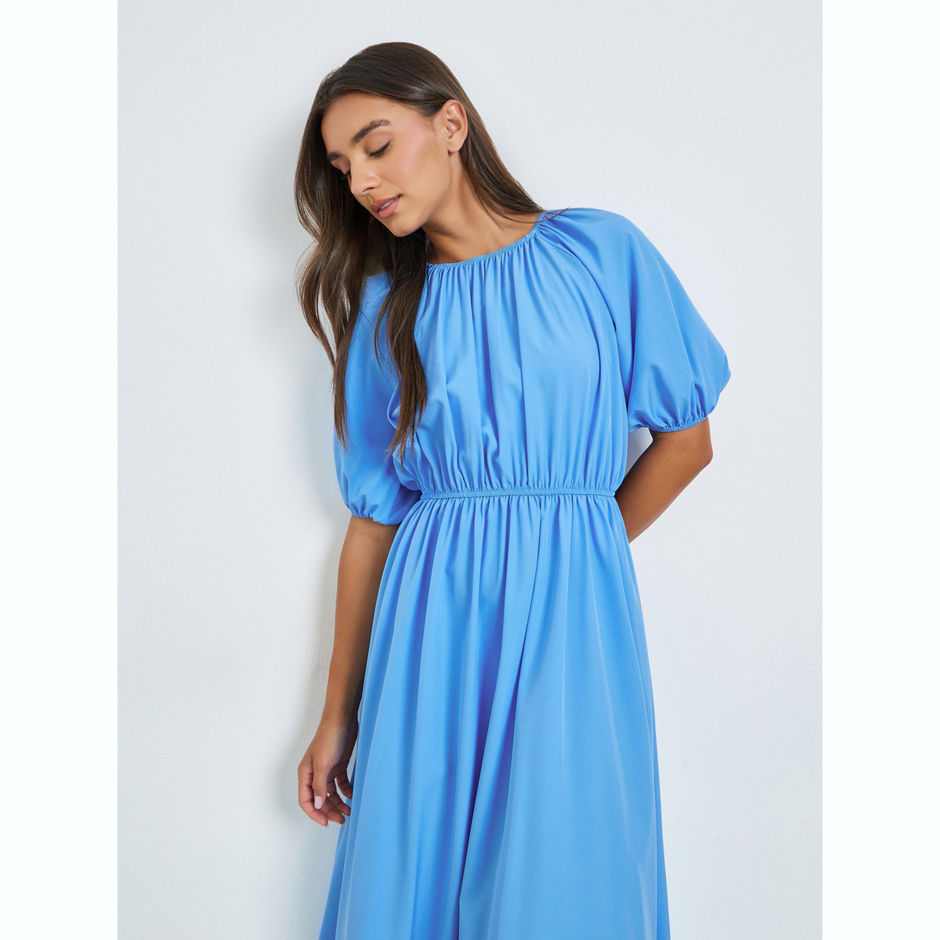 فستان ميدي سادة بأكمام قصيرة-women-clothing-dresses-image-3