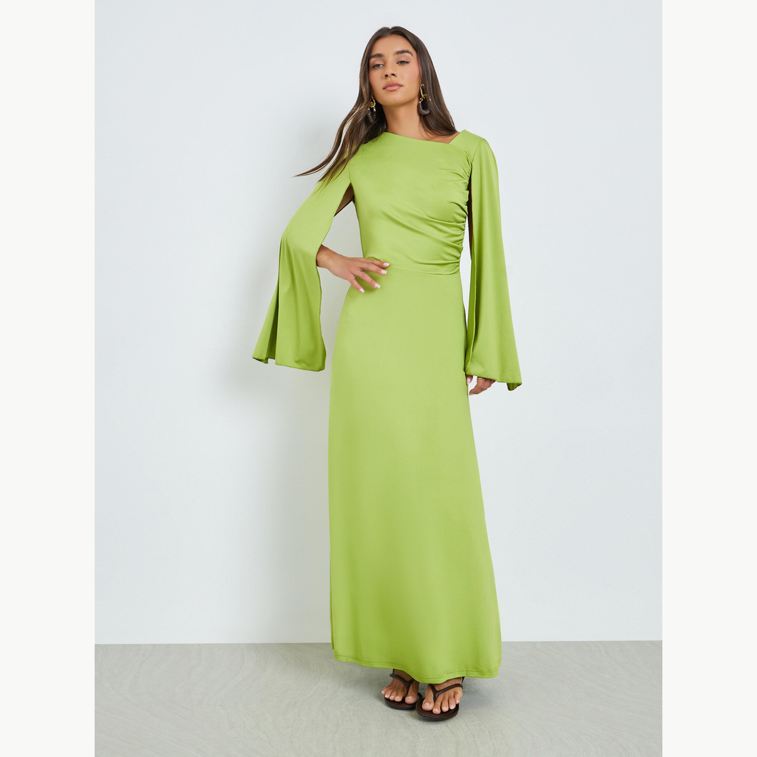 Styli Green Asymmetric Neck Maxi Dress with Cape Sleeves-women-clothing-dresses-image-1