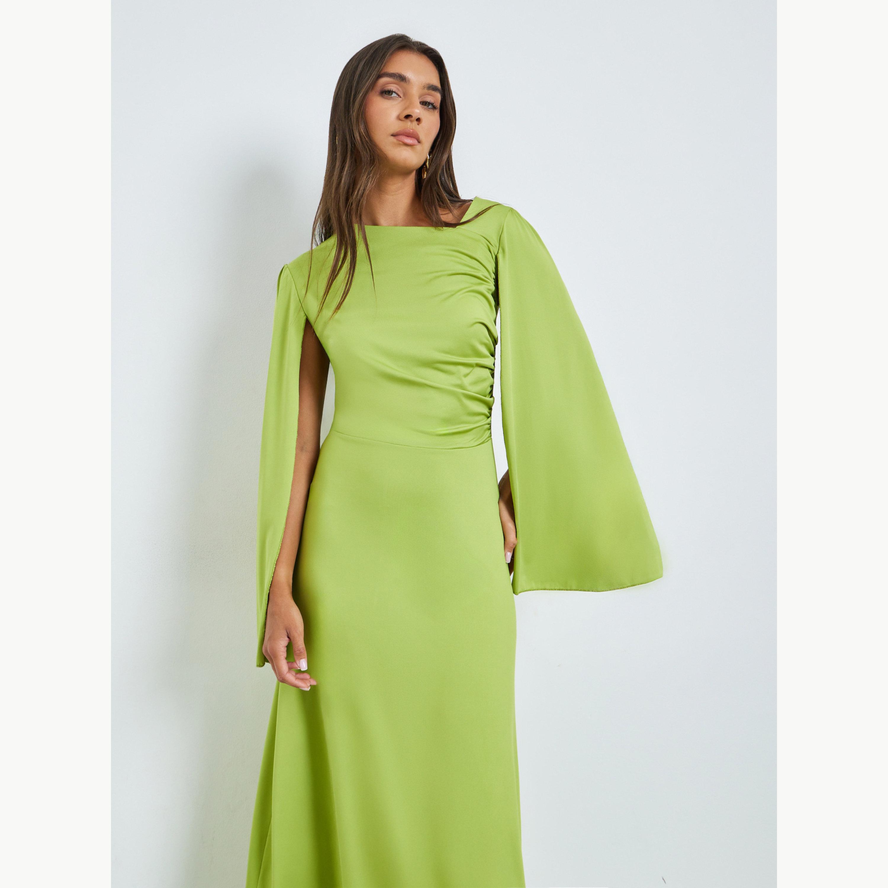 Styli Green Asymmetric Neck Maxi Dress with Cape Sleeves-women-clothing-dresses-image-2