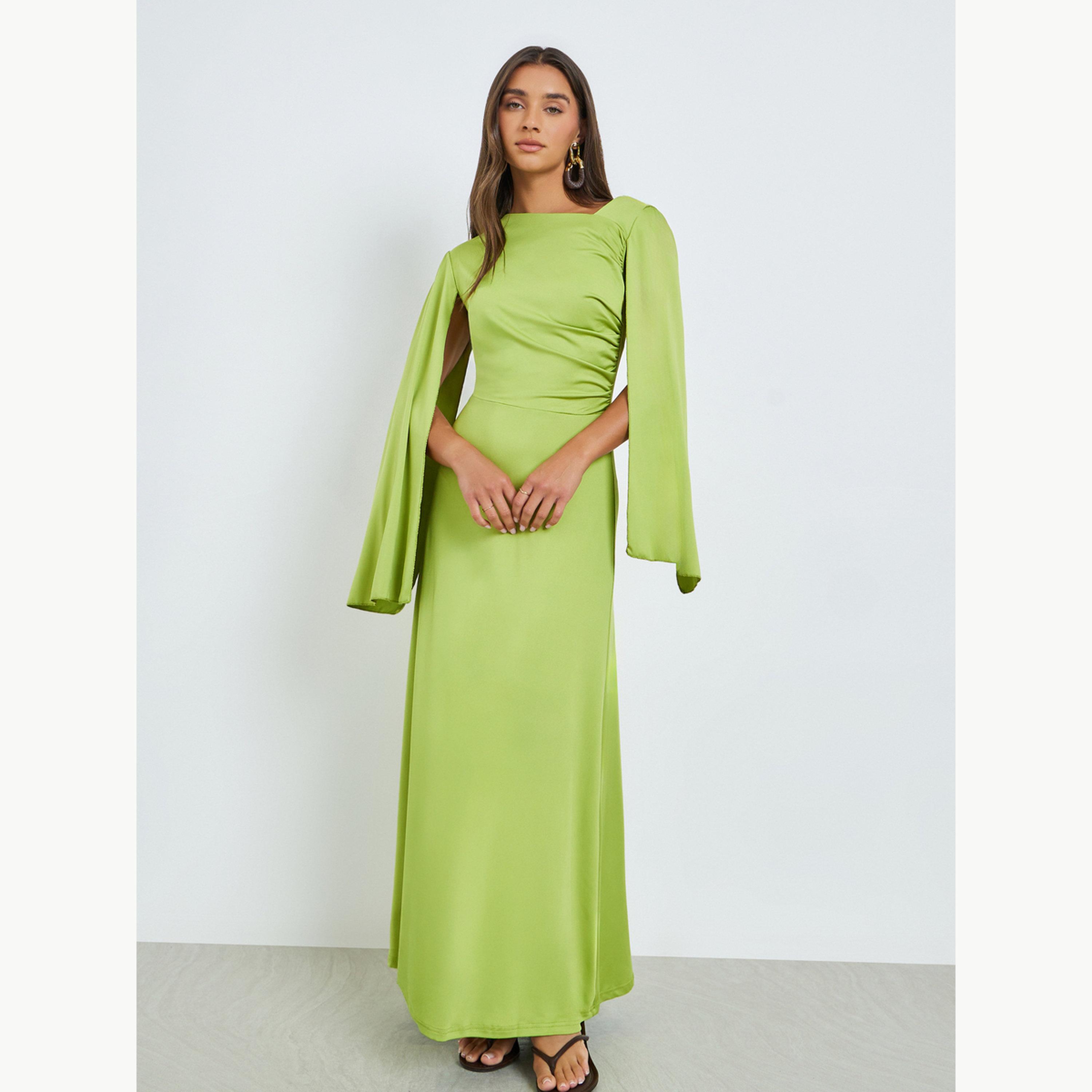 Styli Green Asymmetric Neck Maxi Dress with Cape Sleeves-women-clothing-dresses-image-3