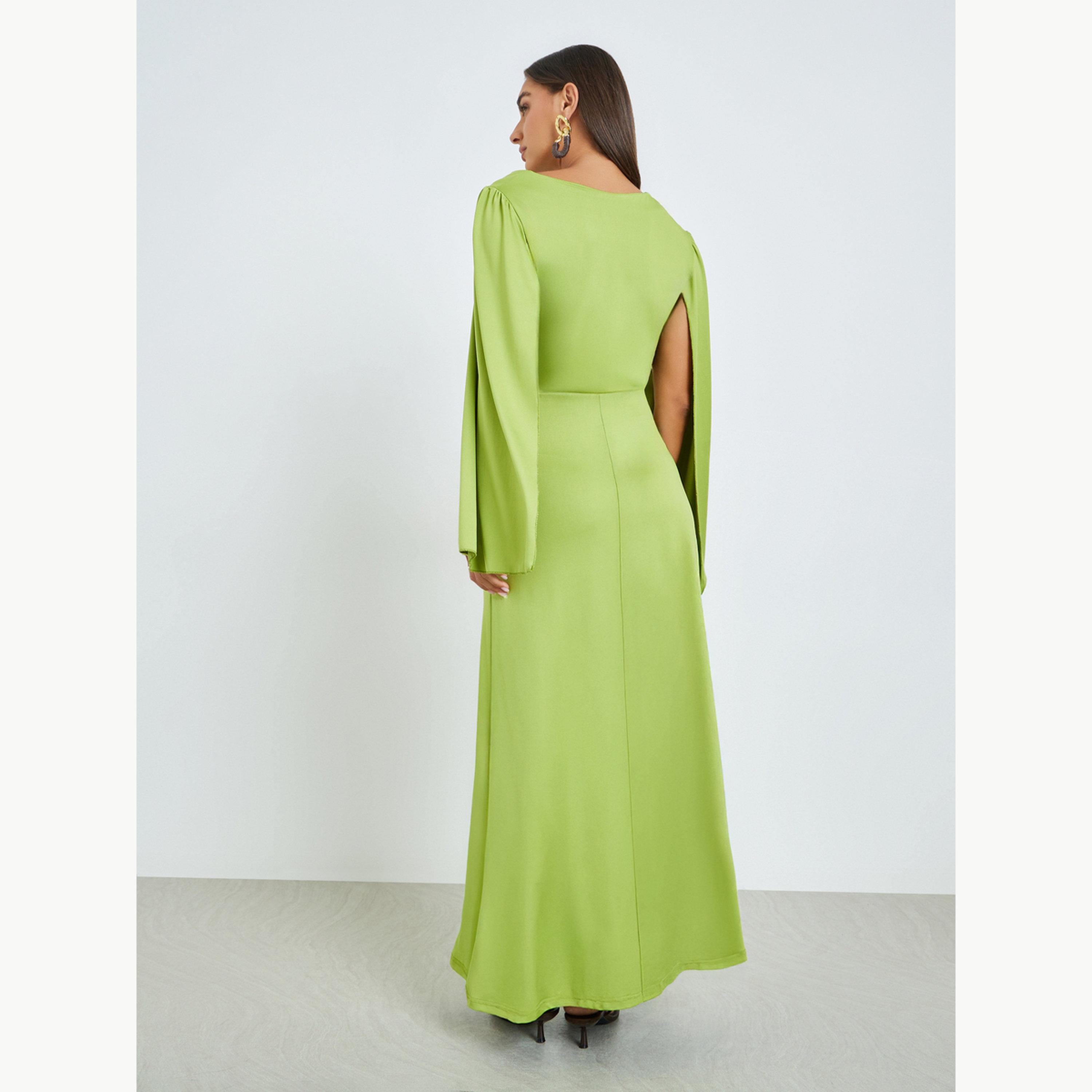 فستان طويل بياقة غير متماثلة وأكمام كيب أخضر-women-clothing-dresses-image-4