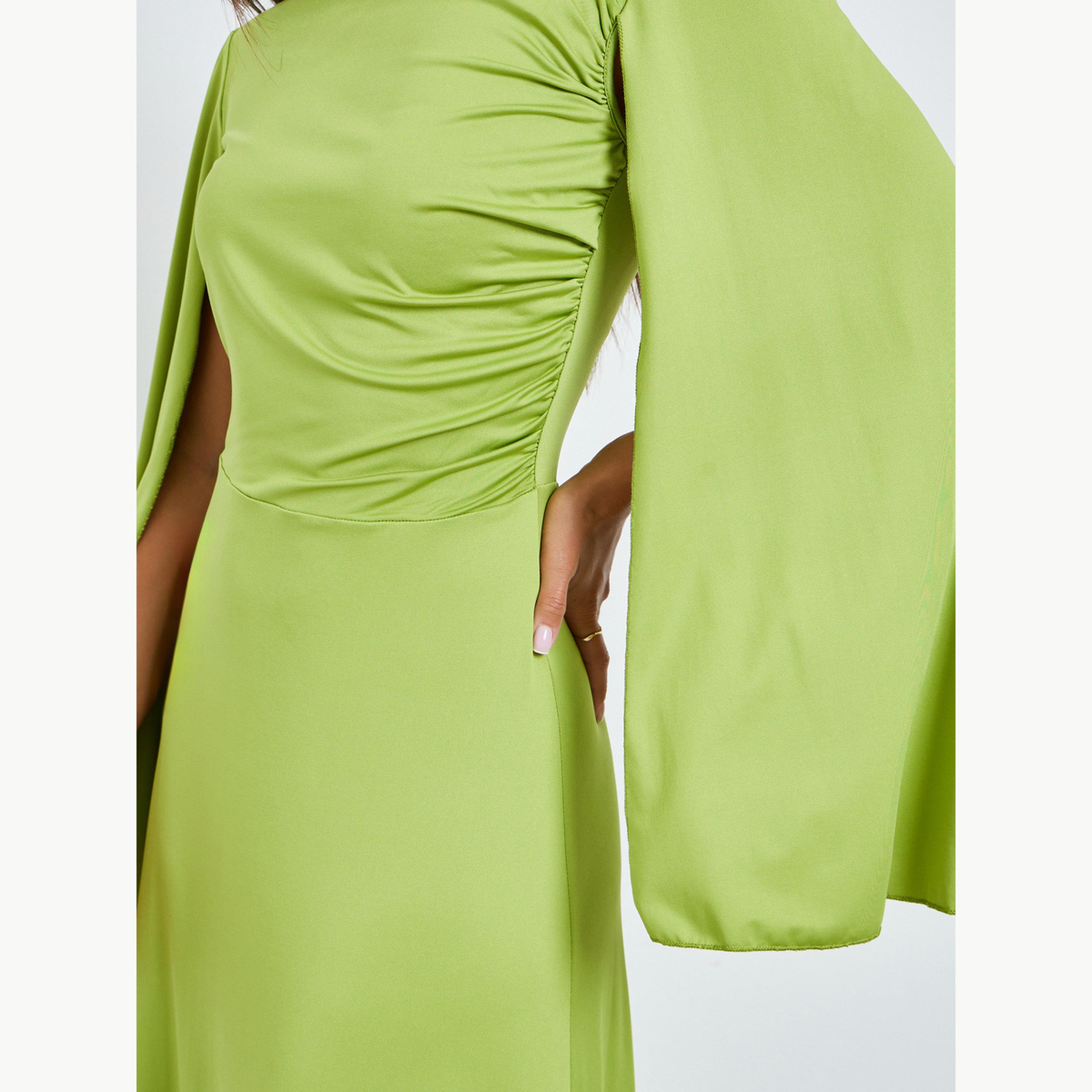 Styli Green Asymmetric Neck Maxi Dress with Cape Sleeves-women-clothing-dresses-image-5