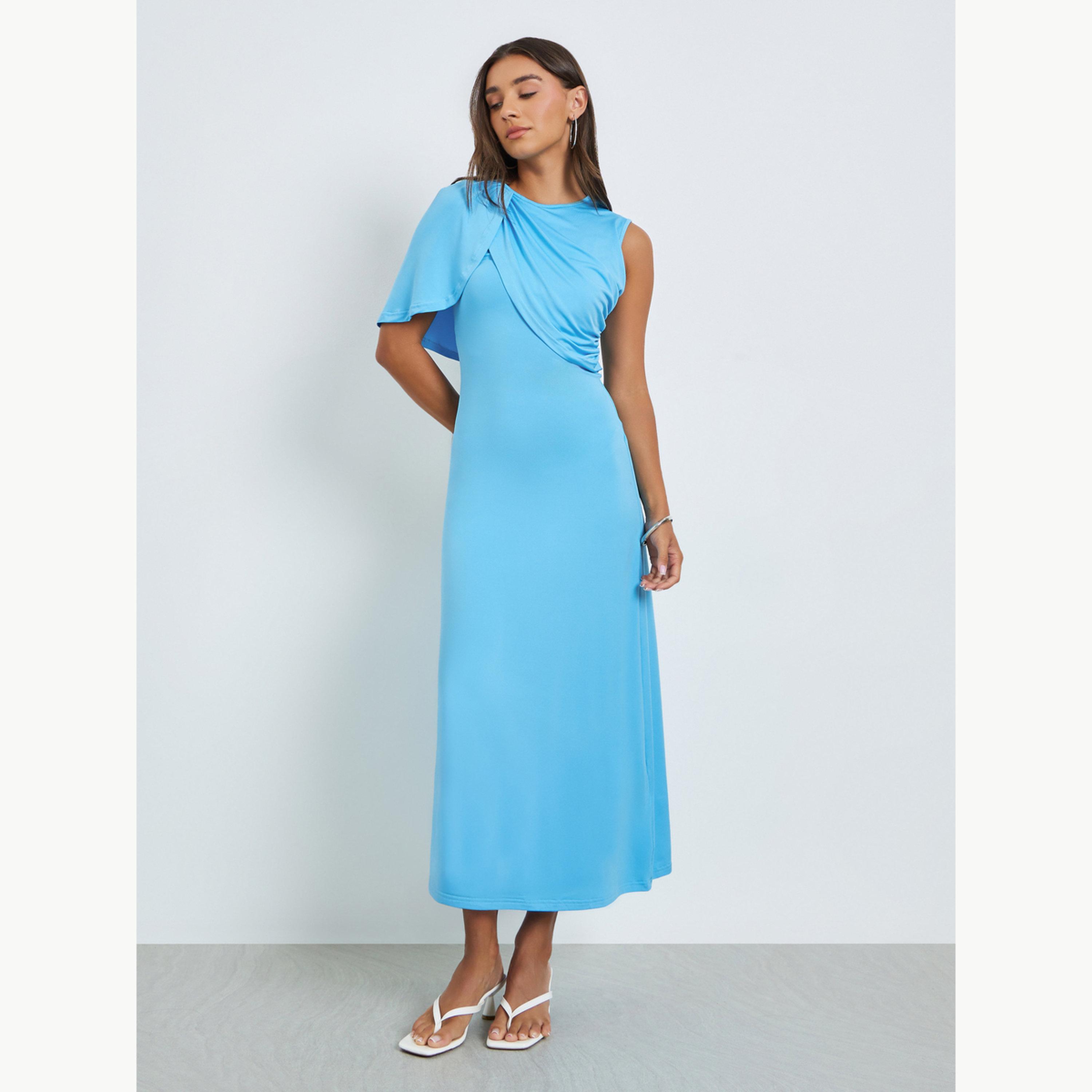 فستان طويل بحافة واسعة وأكمام شال غير منتظمة-women-clothing-dresses-image-1
