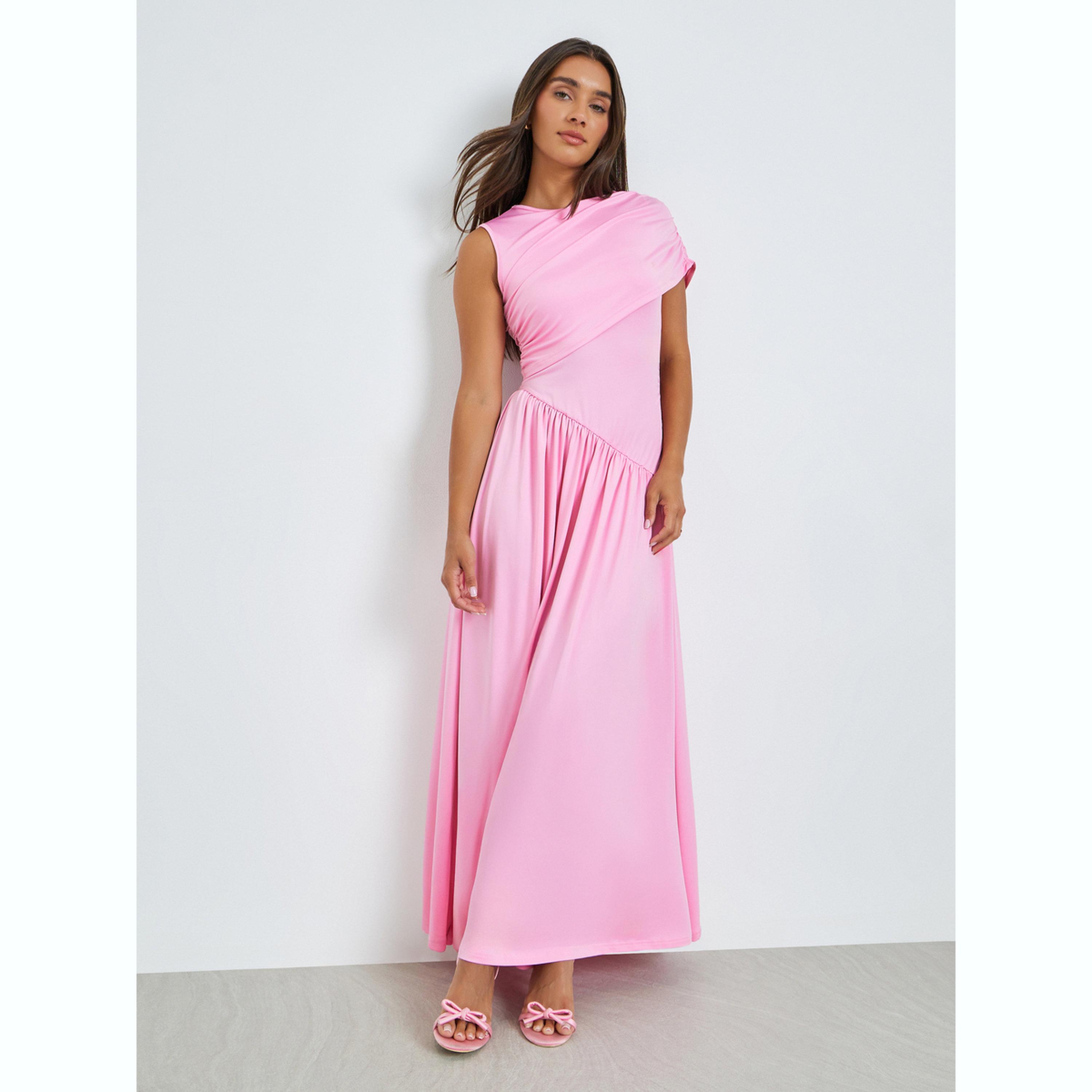فستان ميدي وردي بحافة واسعة وأكمام شال غير منتظمة-women-clothing-dresses-image-1