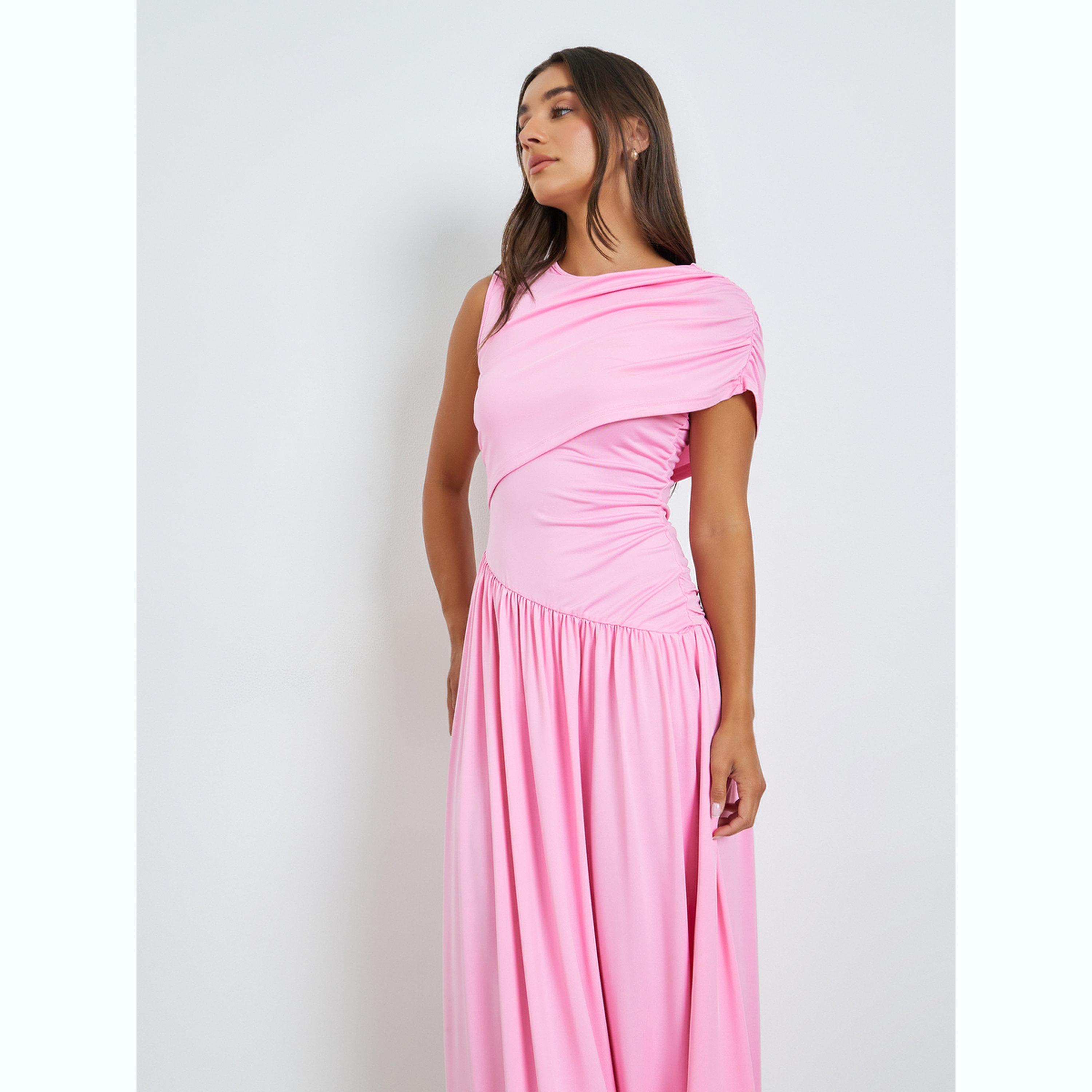 Styli Pink Irregular Shawl Sleeve A-Line Maxi Dress-women-clothing-dresses-image-2