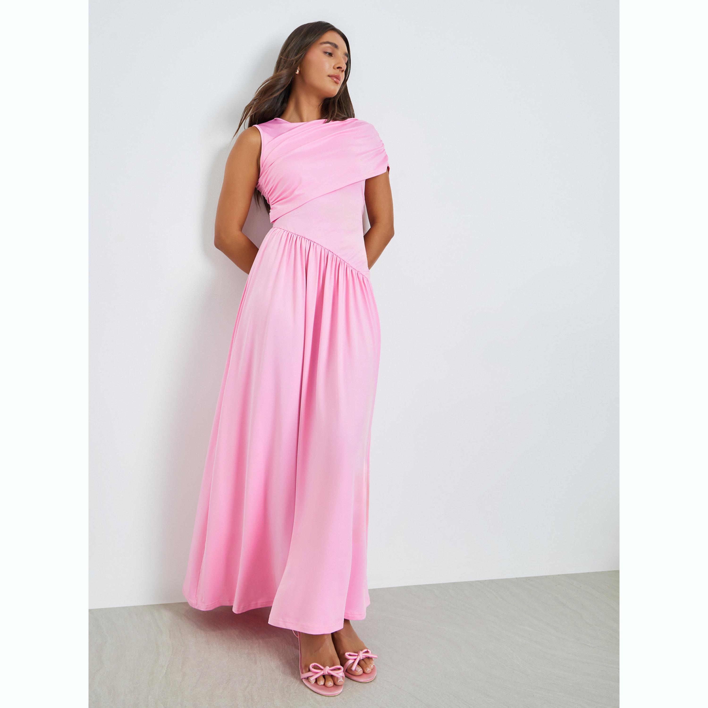 فستان ميدي وردي بحافة واسعة وأكمام شال غير منتظمة-women-clothing-dresses-image-3