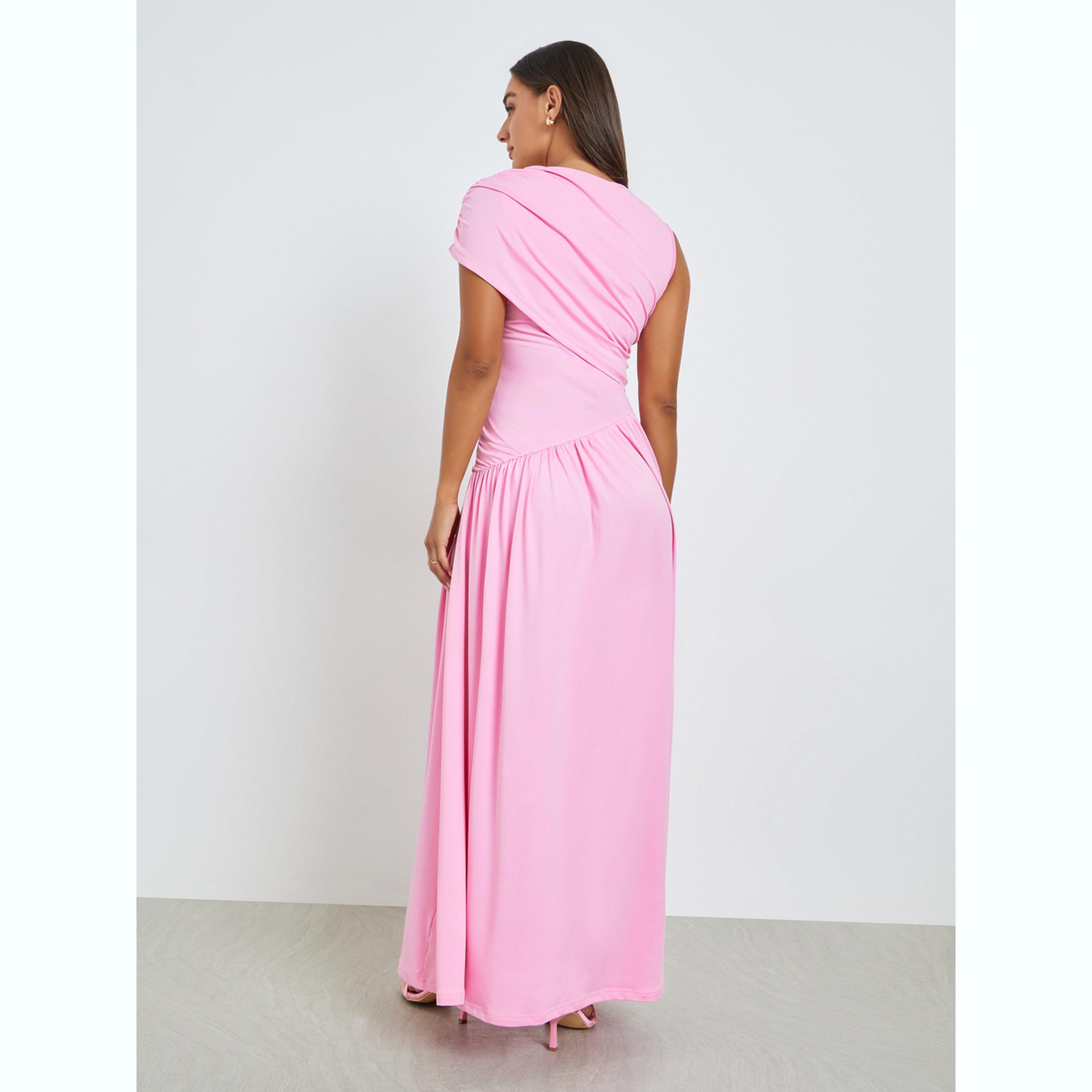 Styli Pink Irregular Shawl Sleeve A-Line Maxi Dress-women-clothing-dresses-image-4