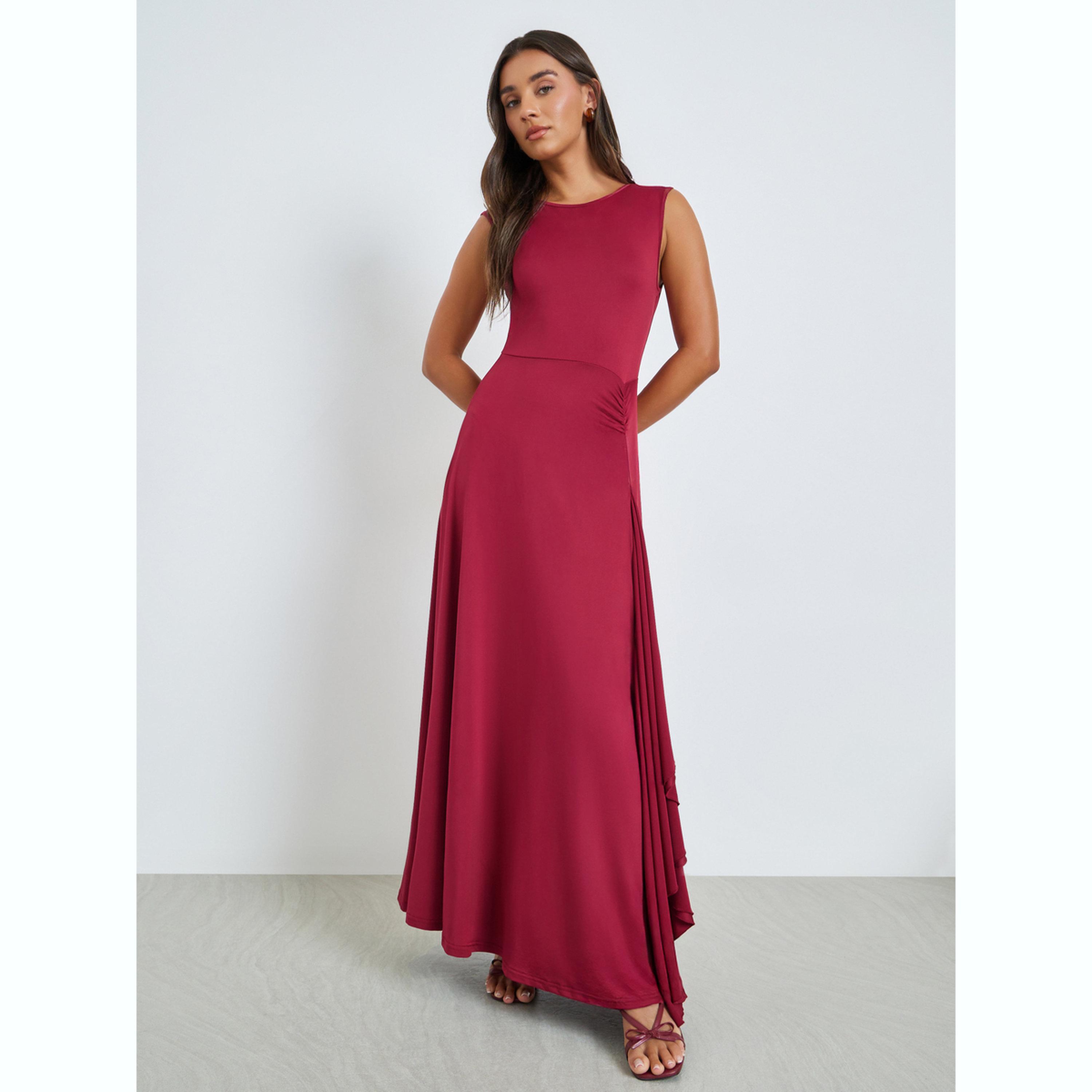 فستان طويل بلا أكمام وتفاصيل كشكش عنابي-women-clothing-dresses-image-1