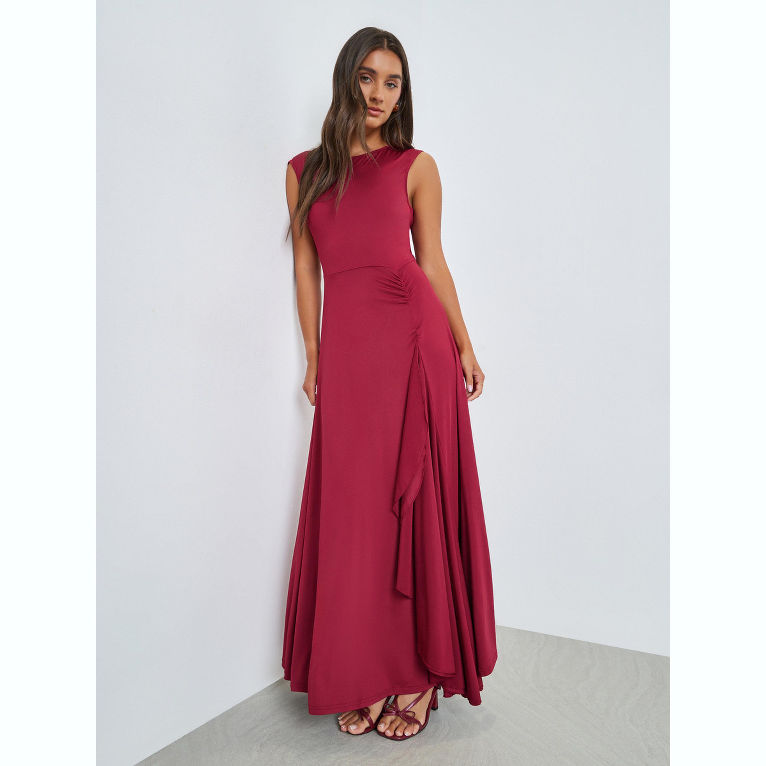 فستان طويل بلا أكمام وتفاصيل كشكش عنابي-women-clothing-dresses-image-3