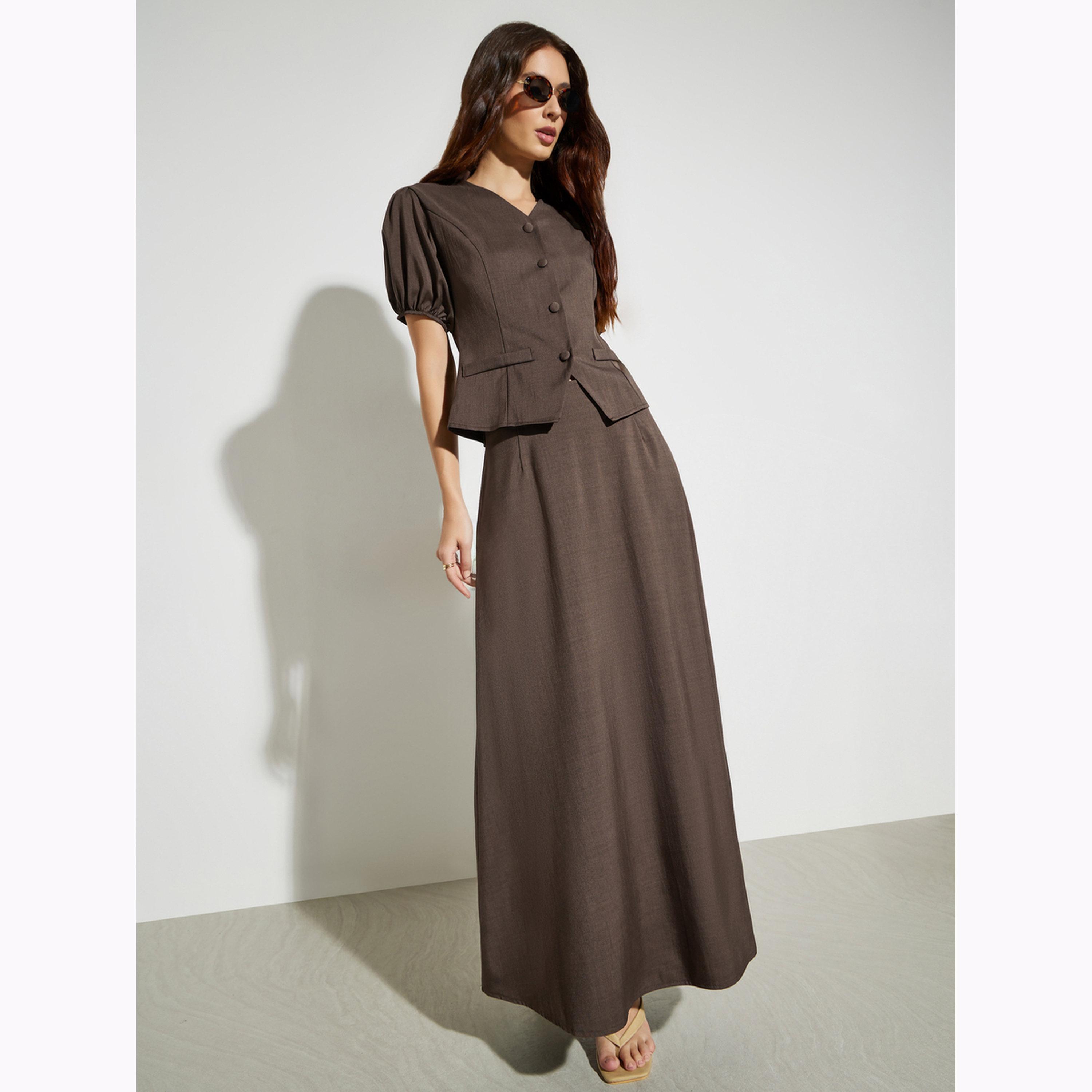 Styli Brown Solid Puff Sleeve Blouse and Maxi Skirt Co-Ords-women-clothing-coordsets-image-1