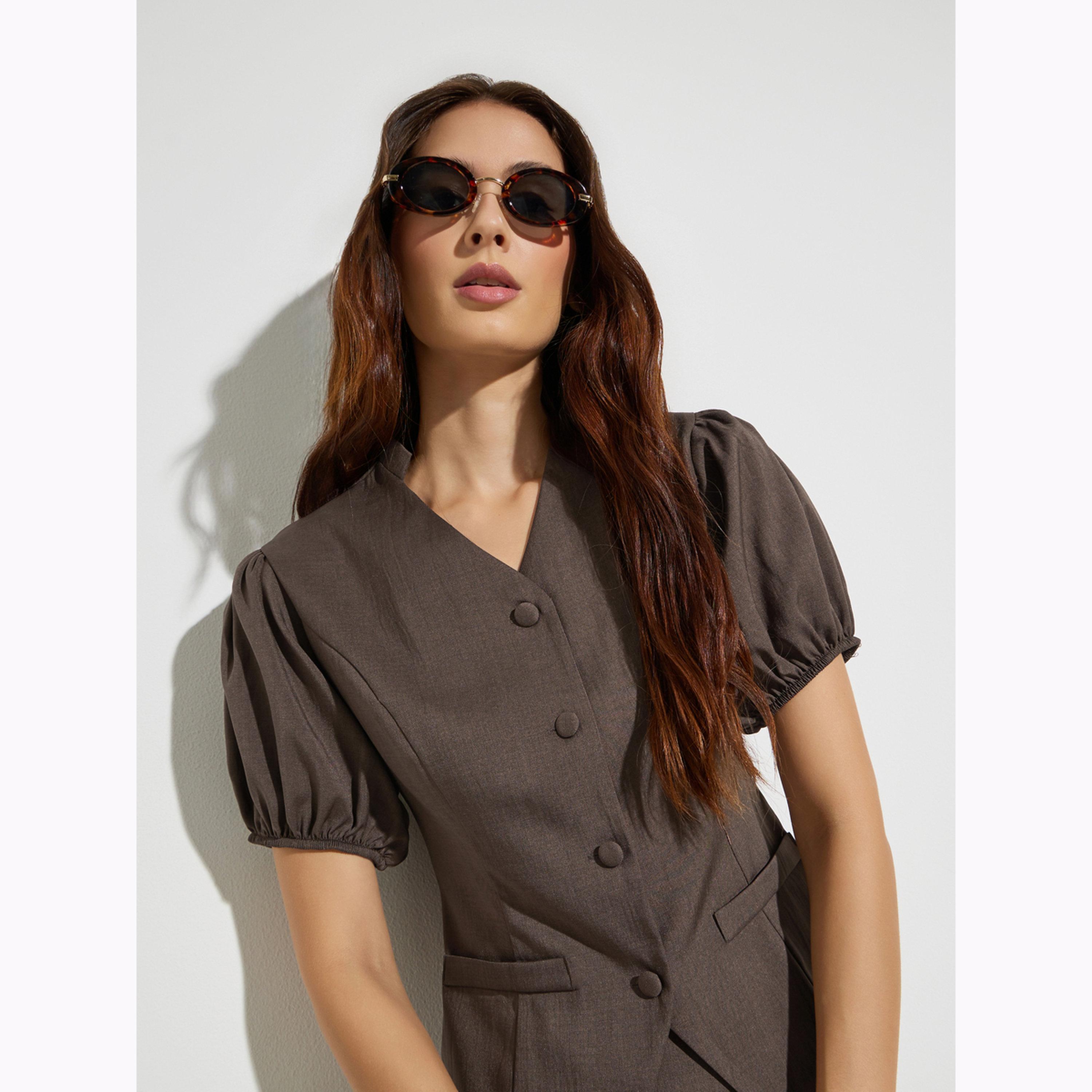 Styli Brown Solid Puff Sleeve Blouse and Maxi Skirt Co-Ords-women-clothing-coordsets-image-2