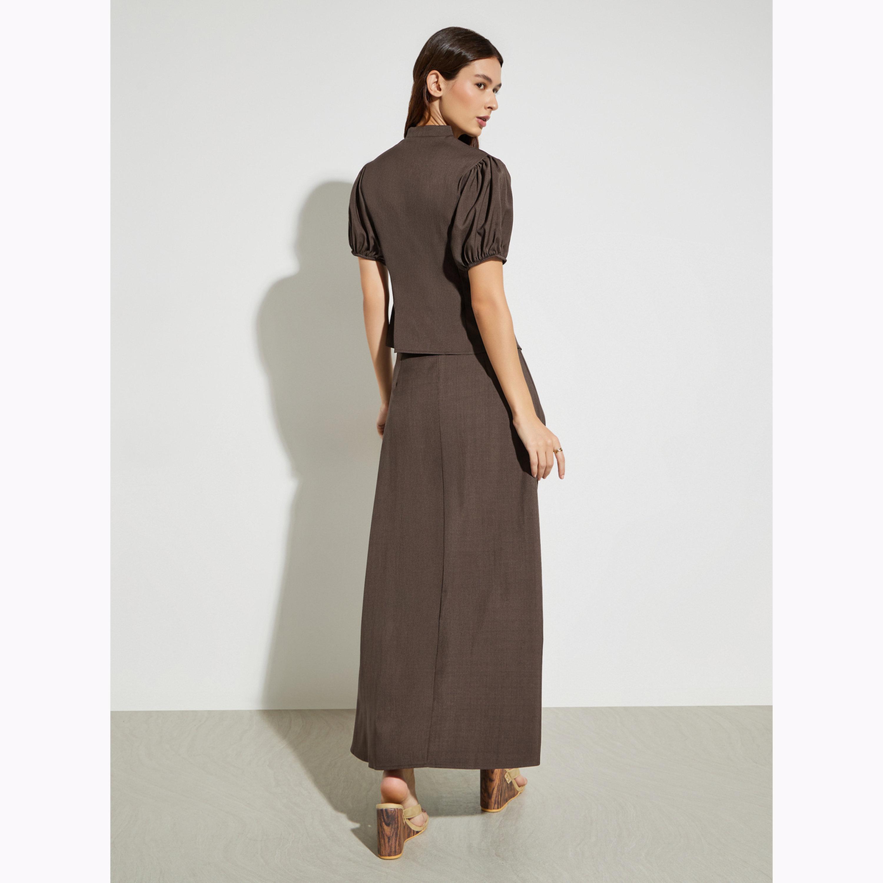 Styli Brown Solid Puff Sleeve Blouse and Maxi Skirt Co-Ords-women-clothing-coordsets-image-3