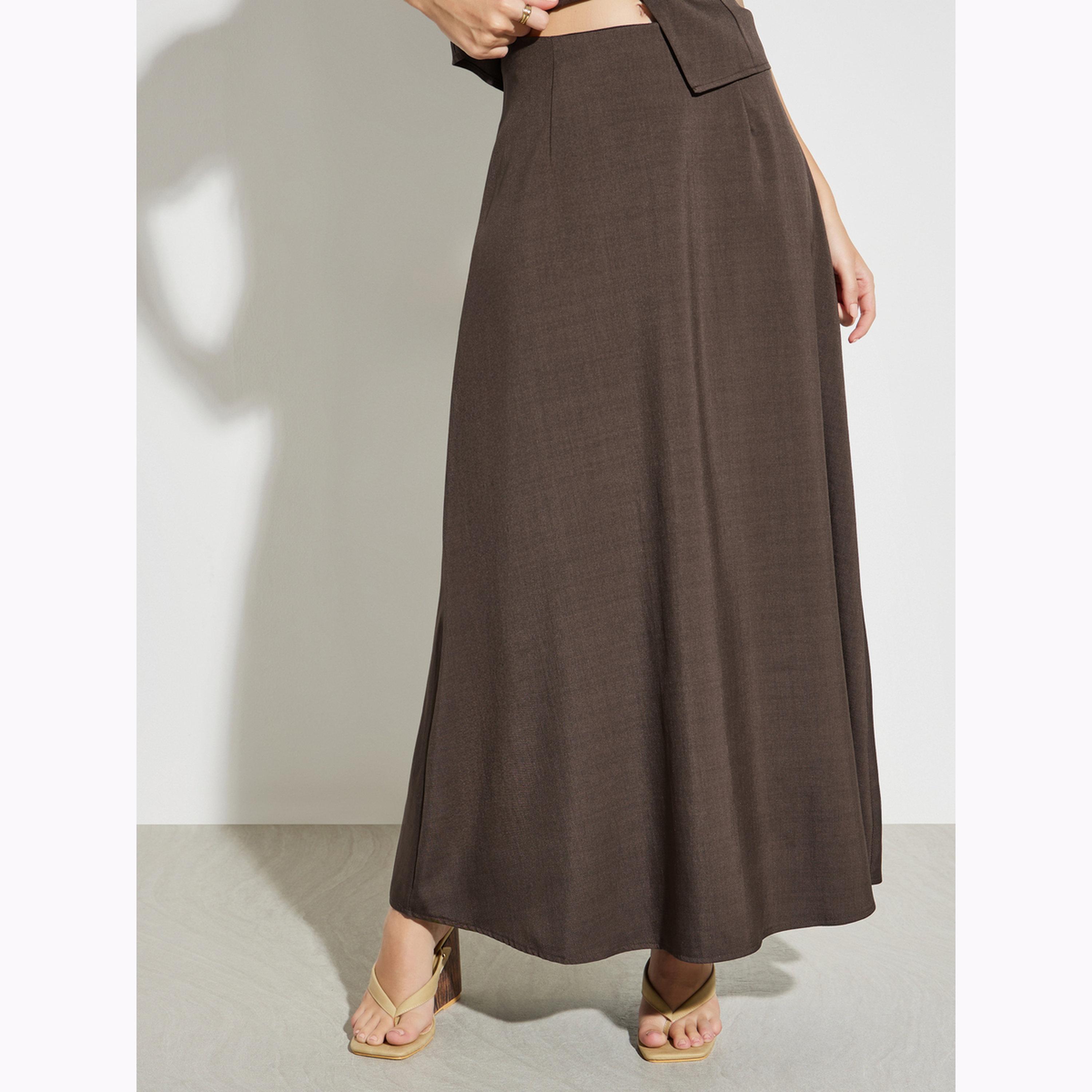 Styli Brown Solid Puff Sleeve Blouse and Maxi Skirt Co-Ords-women-clothing-coordsets-image-4