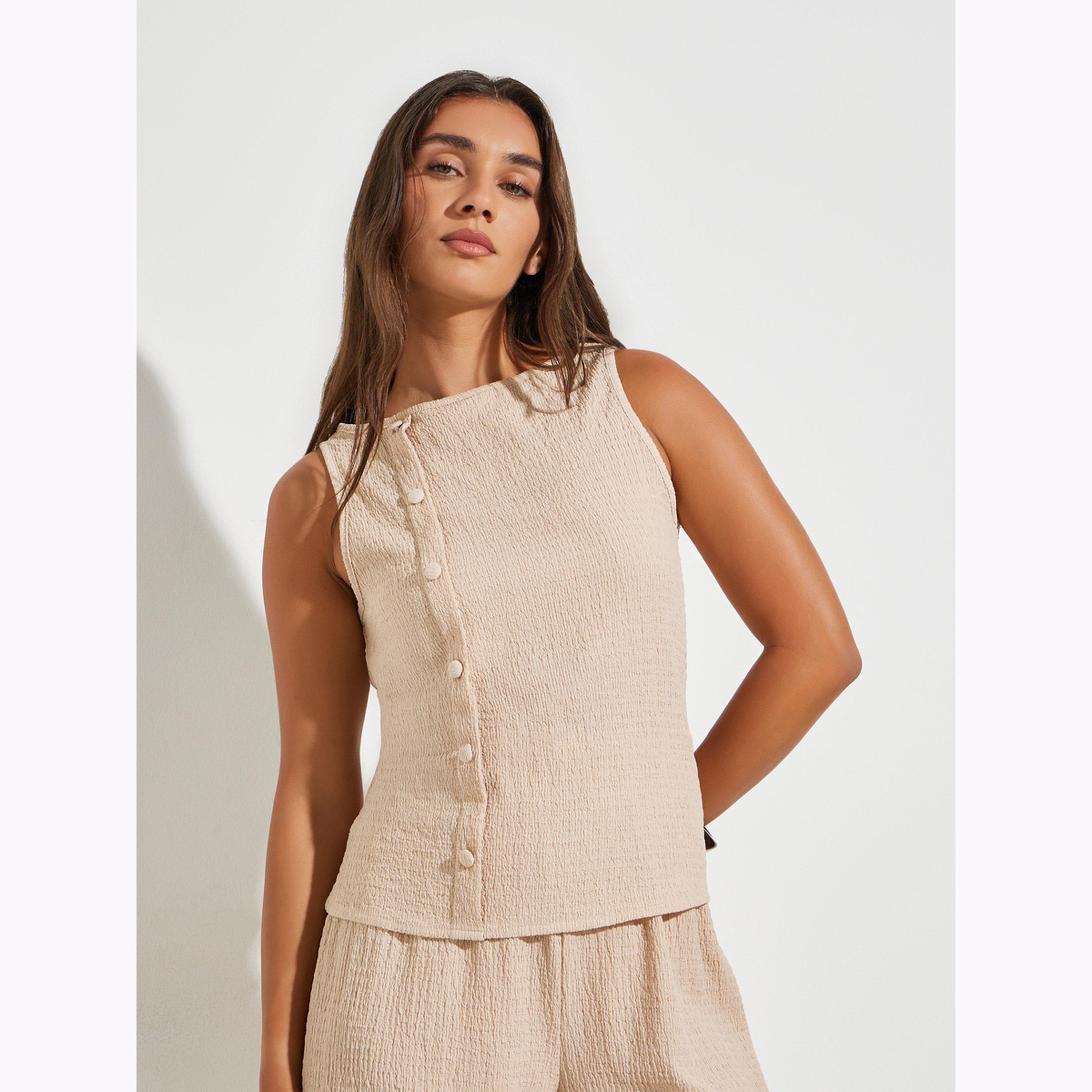 Styli Beige Textured Top and Wide Leg Pants Co-Ords-women-clothing-coordsets-image-2