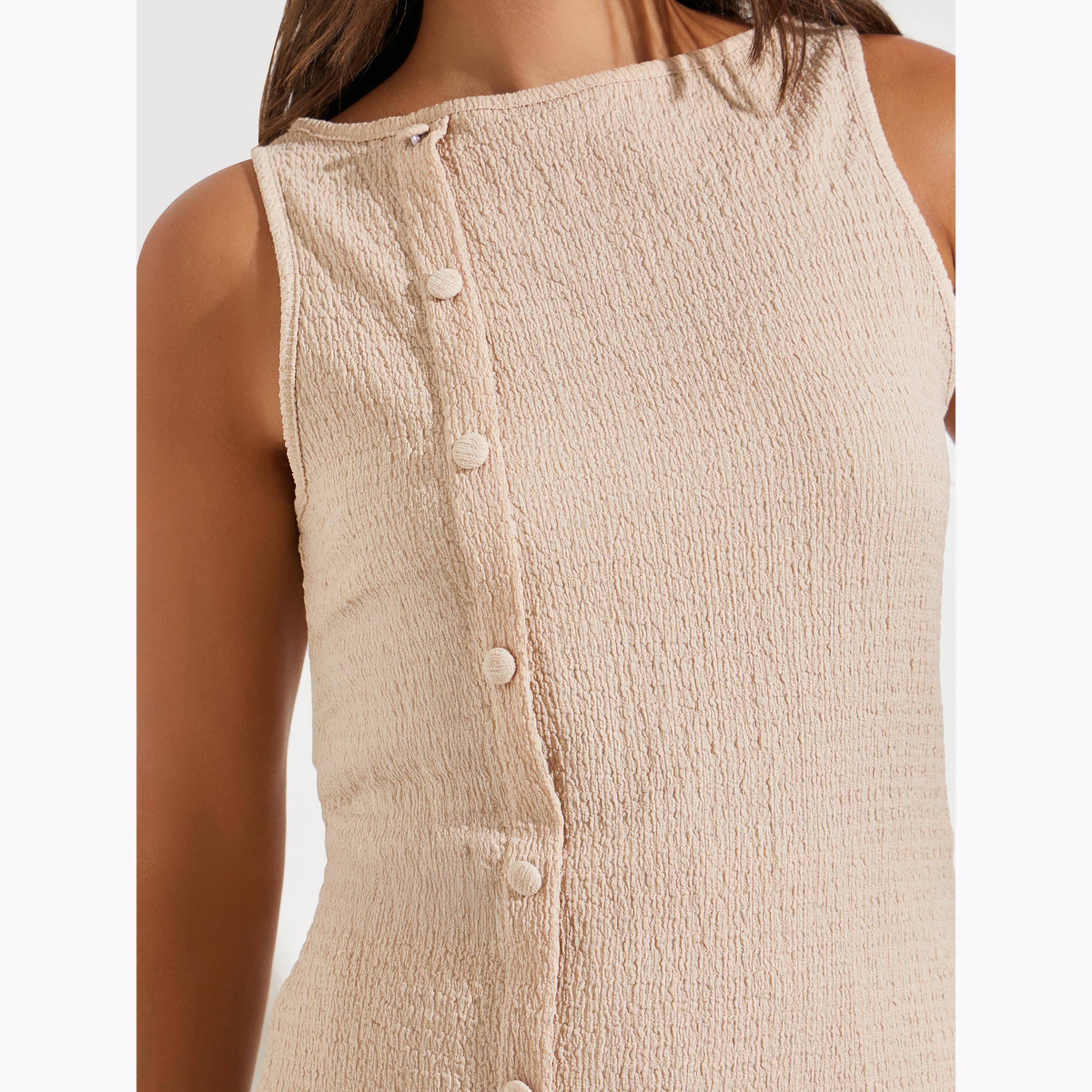 طقم منسق من بنطال بأرجل واسعة وبلوزة بتفاصيل بارزة الملمس بلون بيج-women-clothing-coordsets-image-5