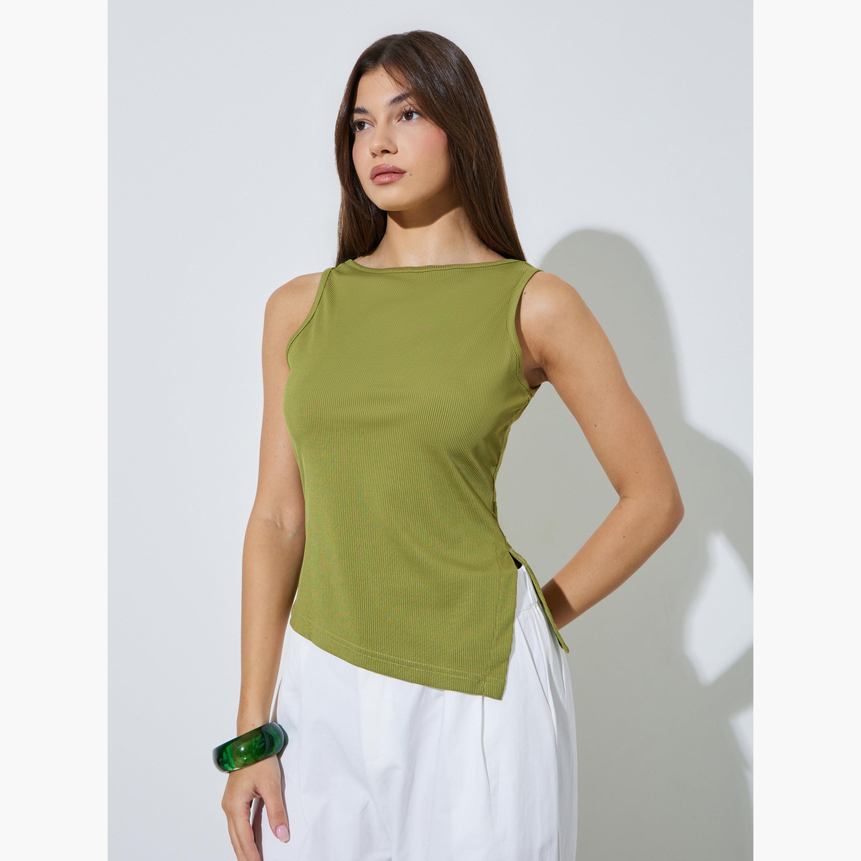 Styli Green Ribbed Asymmetric Hem Cami Top-women-clothing-shirtsandblouses-blouses-image-1