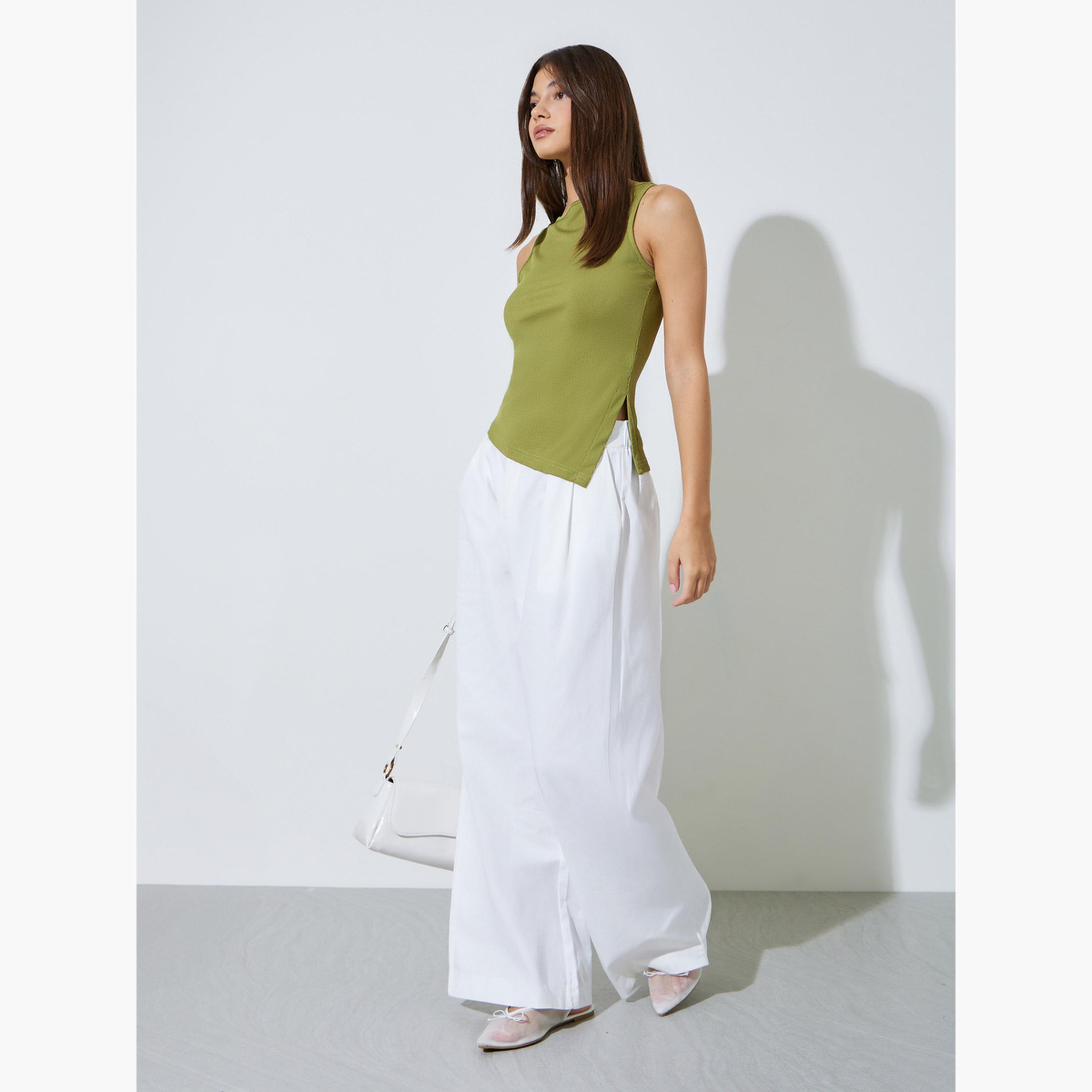 Styli Green Ribbed Asymmetric Hem Cami Top-women-clothing-shirtsandblouses-blouses-image-2