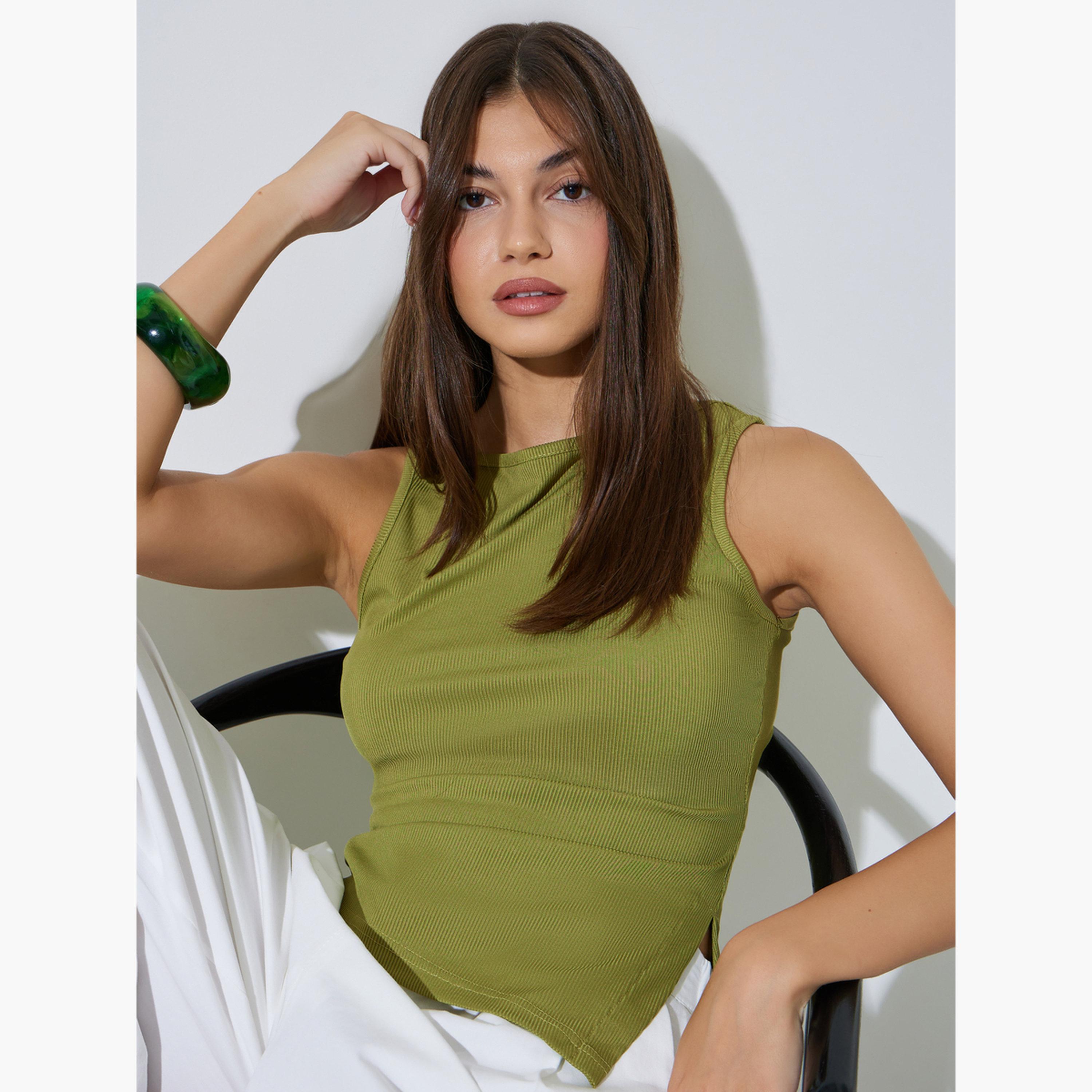 Styli Green Ribbed Asymmetric Hem Cami Top-women-clothing-shirtsandblouses-blouses-image-3